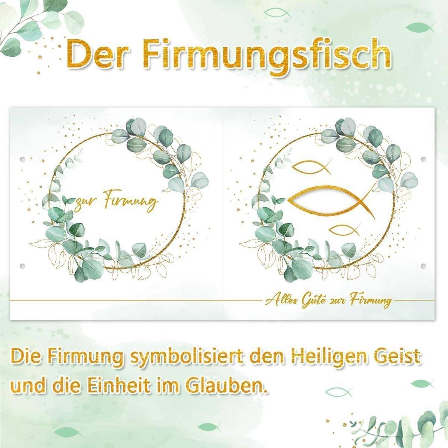 Der Firmungsfisch' Bild mit Text 'Alles Gute zur Firmung'. Zeigt ein Fischsymbol und grüne Blätter, die den Heiligen Geist und die Glaubenseinheit symbolisieren.
