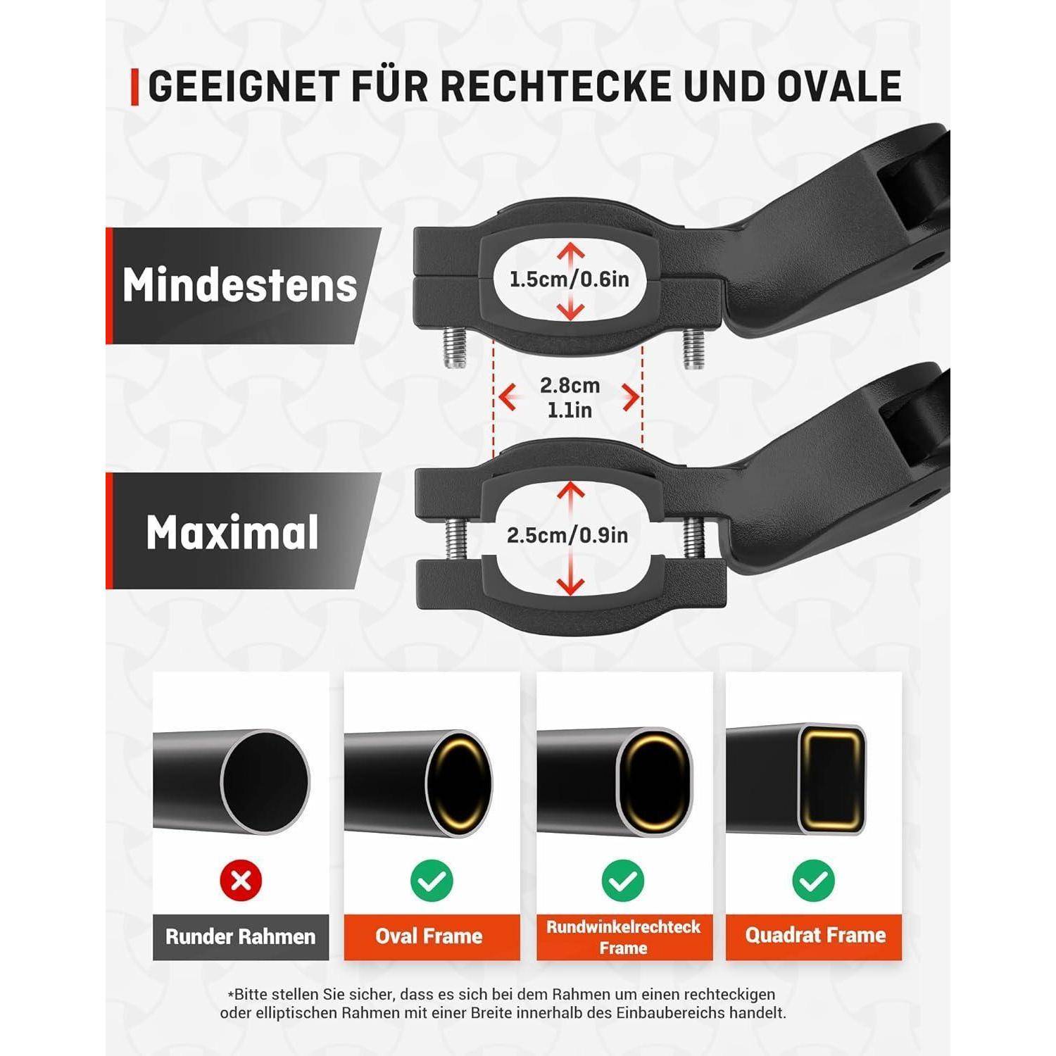 Geeignet für Rechtecke und Ovale: Kompatibel mit rechteckigen und ovalen Rahmen; umfasst Mindest- (1,5 cm) und Höchstabmessungen (2,5 cm).