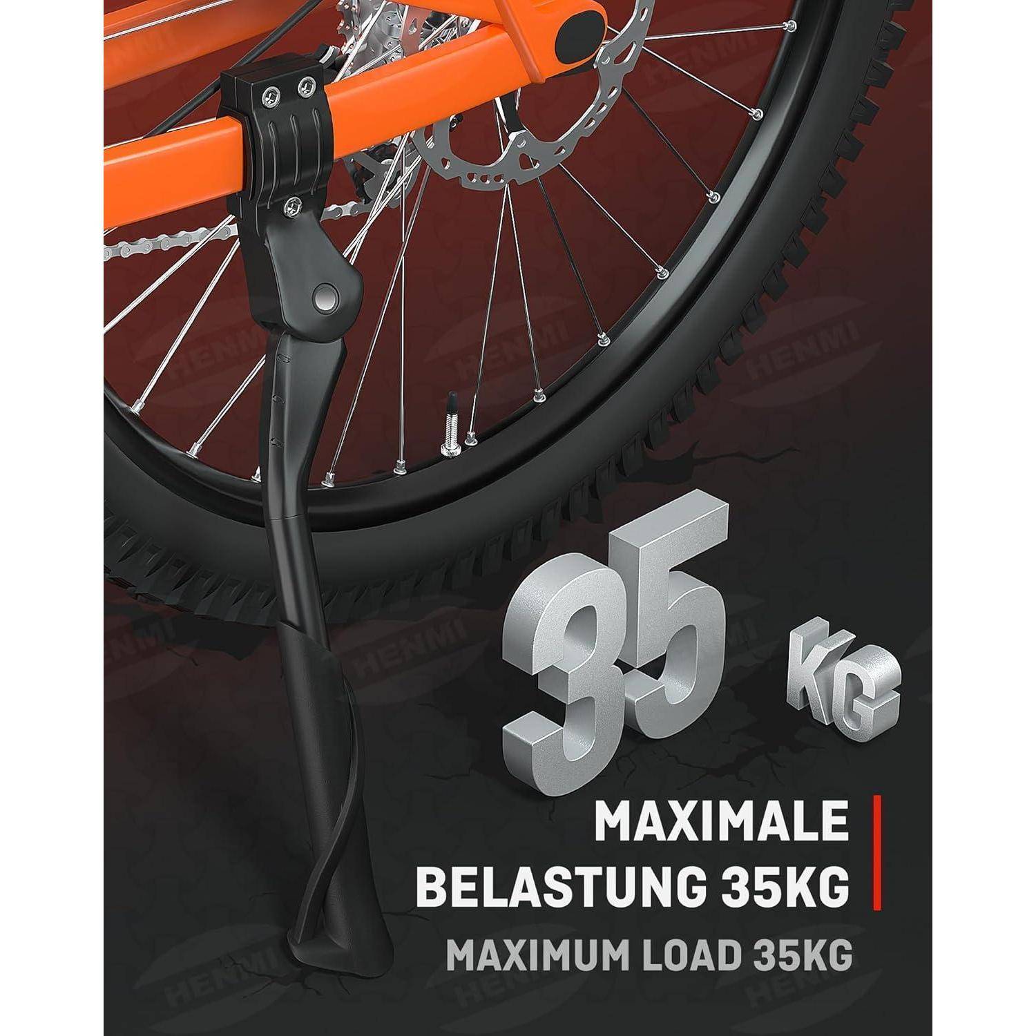 Fahrrad-Seitenständer am Hinterrad angebracht; Text lautet 