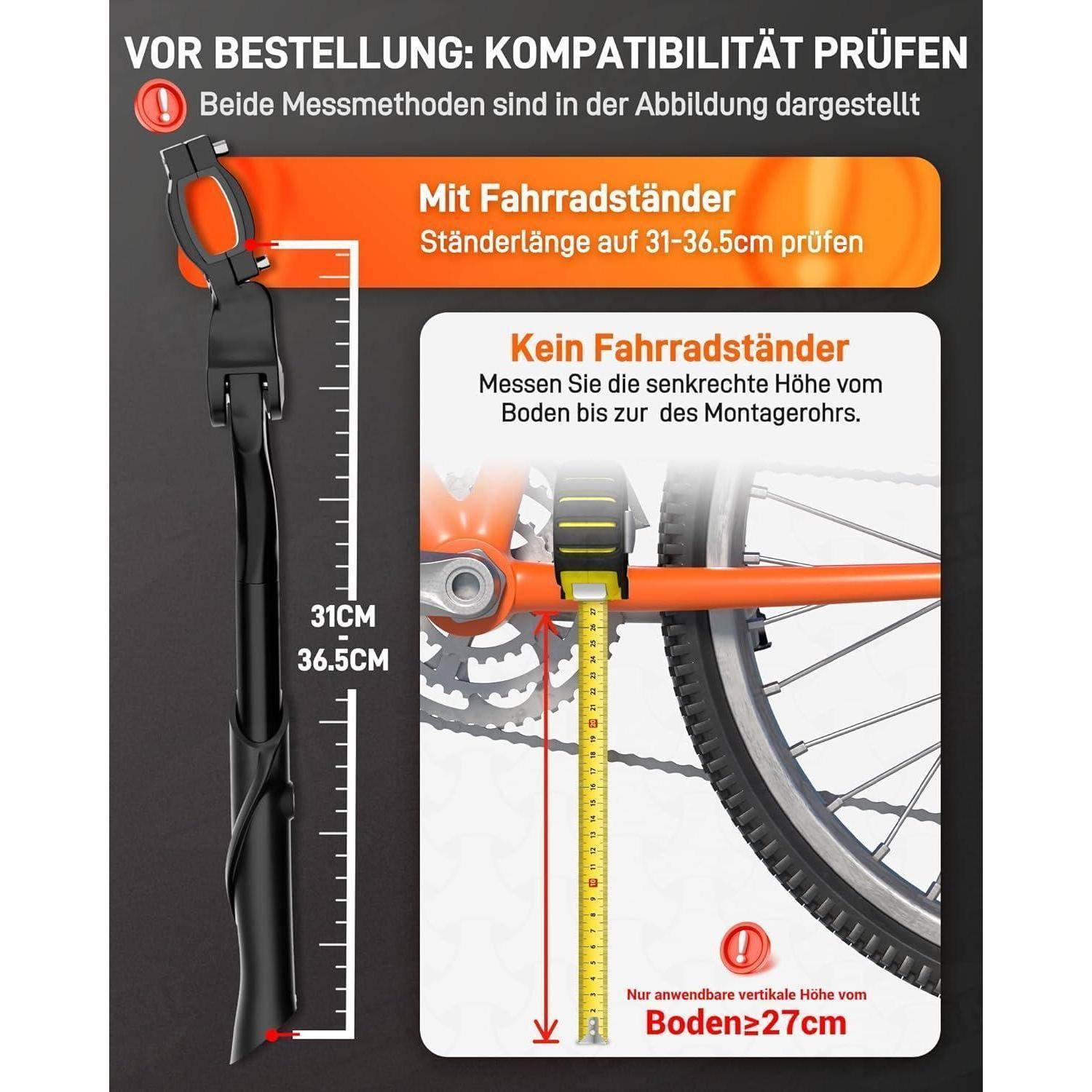 Die Abbildung zeigt einen Fahrradständer und eine Messanleitung zur Überprüfung der Kompatibilität vor dem Kauf. Sie vergleicht Messungen mit und ohne Ständer.