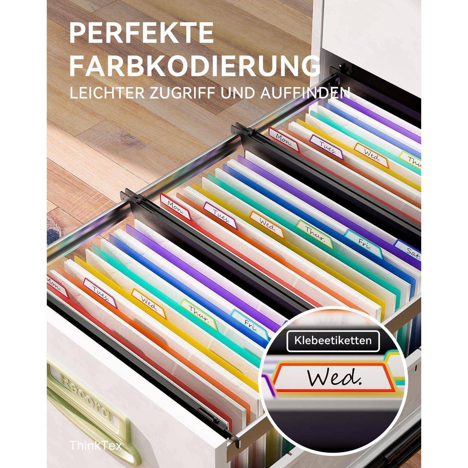 Perfekte Farbkodierung: Leichter Zugriff und Auffinden.' Eine offene Schublade mit organisierten farbcodierten Akten. Kreis zeigt Etiketten.