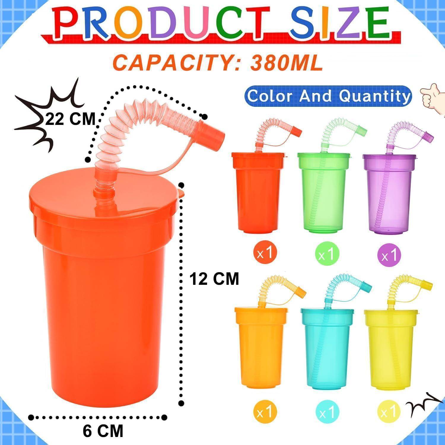 Produktgröße' Übersicht: Zeigt einen 380 ml hellen orangefarbenen Becher mit Strohhalm, 12 cm Höhe, 6 cm Durchmesser, daneben Becher in verschiedenen Farben und Mengen.