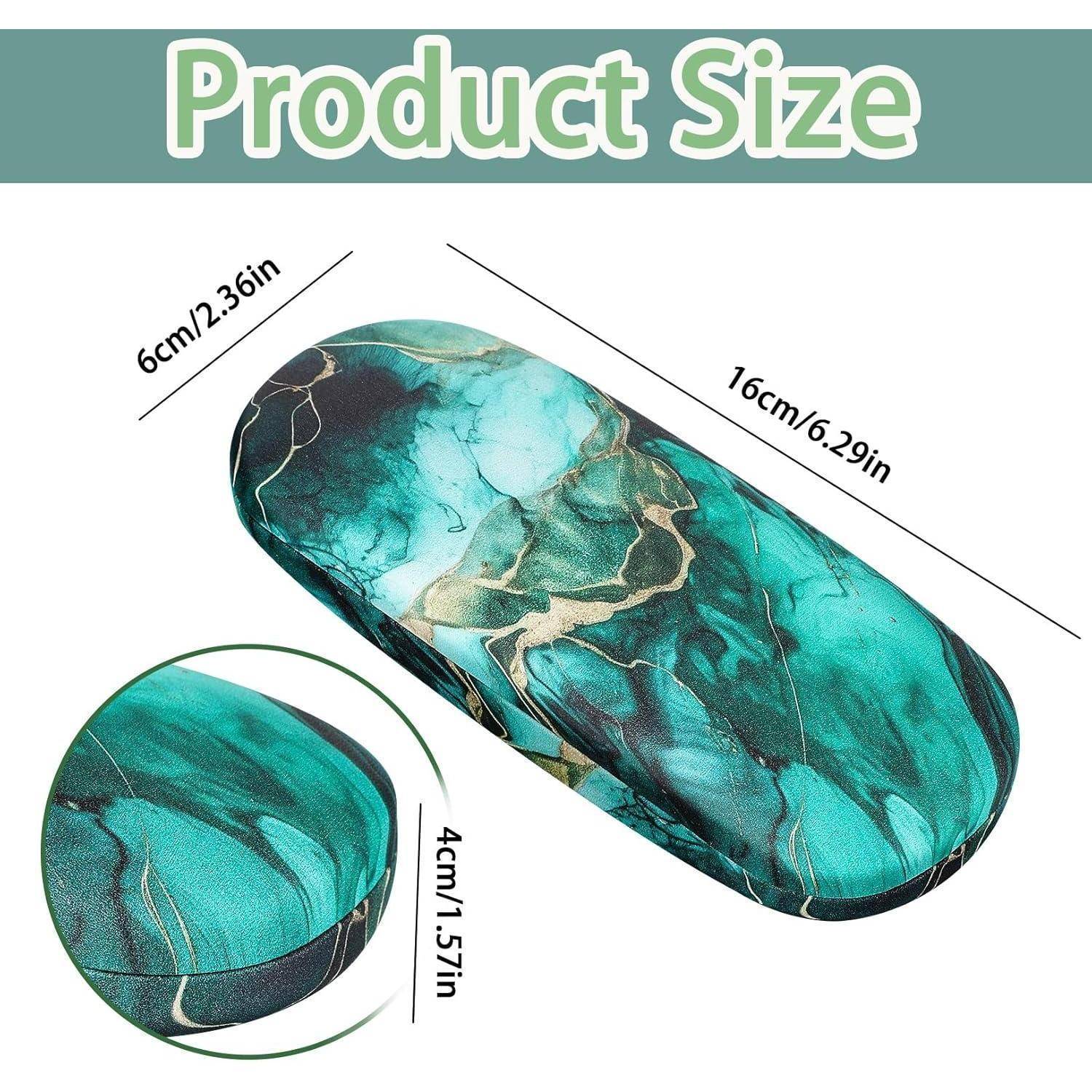 Produktgröße' Bild, das ein Etui mit den Abmessungen: 16 cm/6,29 Zoll Länge, 6 cm/2,36 Zoll Breite, 4 cm/1,57 Zoll Höhe in marmorierter Türkis-Optik zeigt.