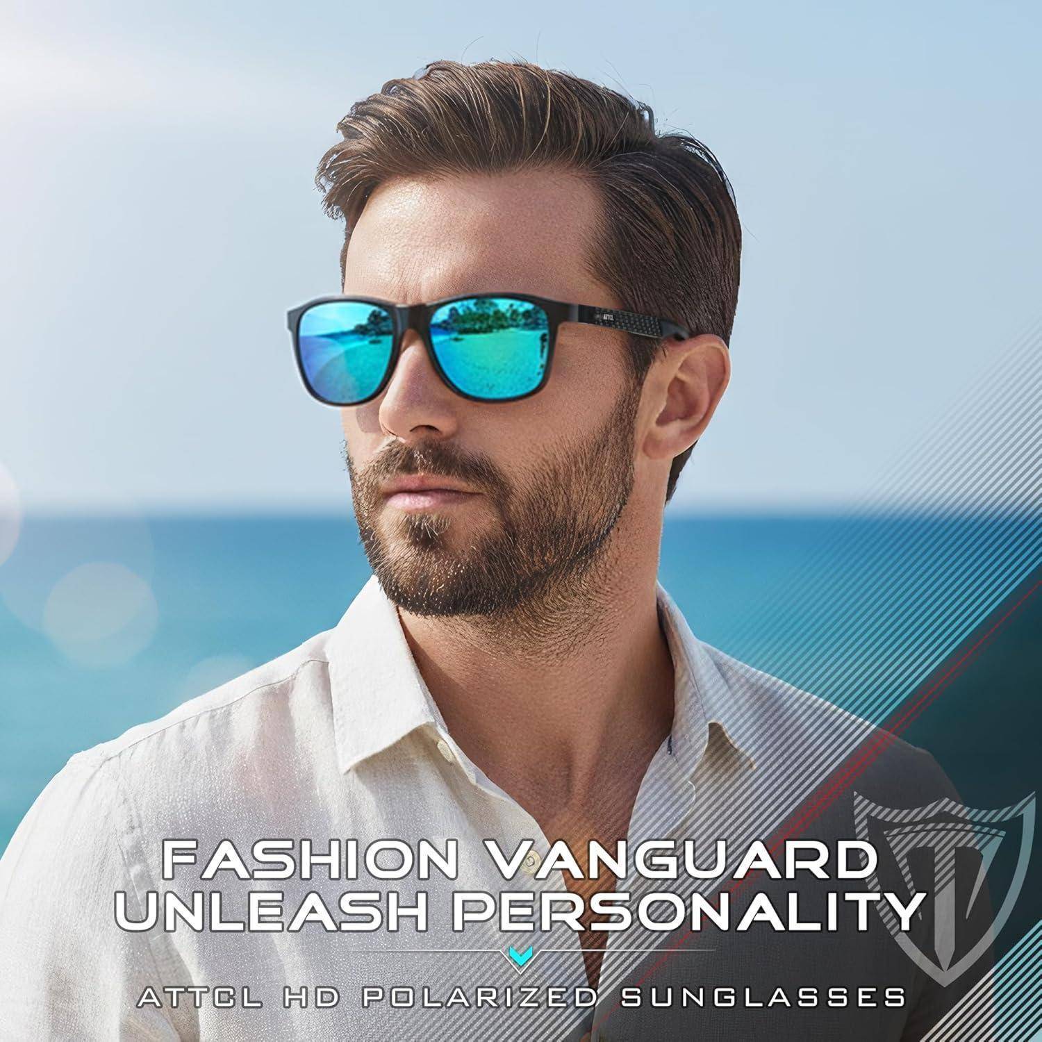 Ein Mann mit reflektierenden Sonnenbrille vor einem Strand im Hintergrund. Text: Fashion Vanguard Persönlichkeit entfesseln ATTOC HD Polarisierte Sonnenbrille.