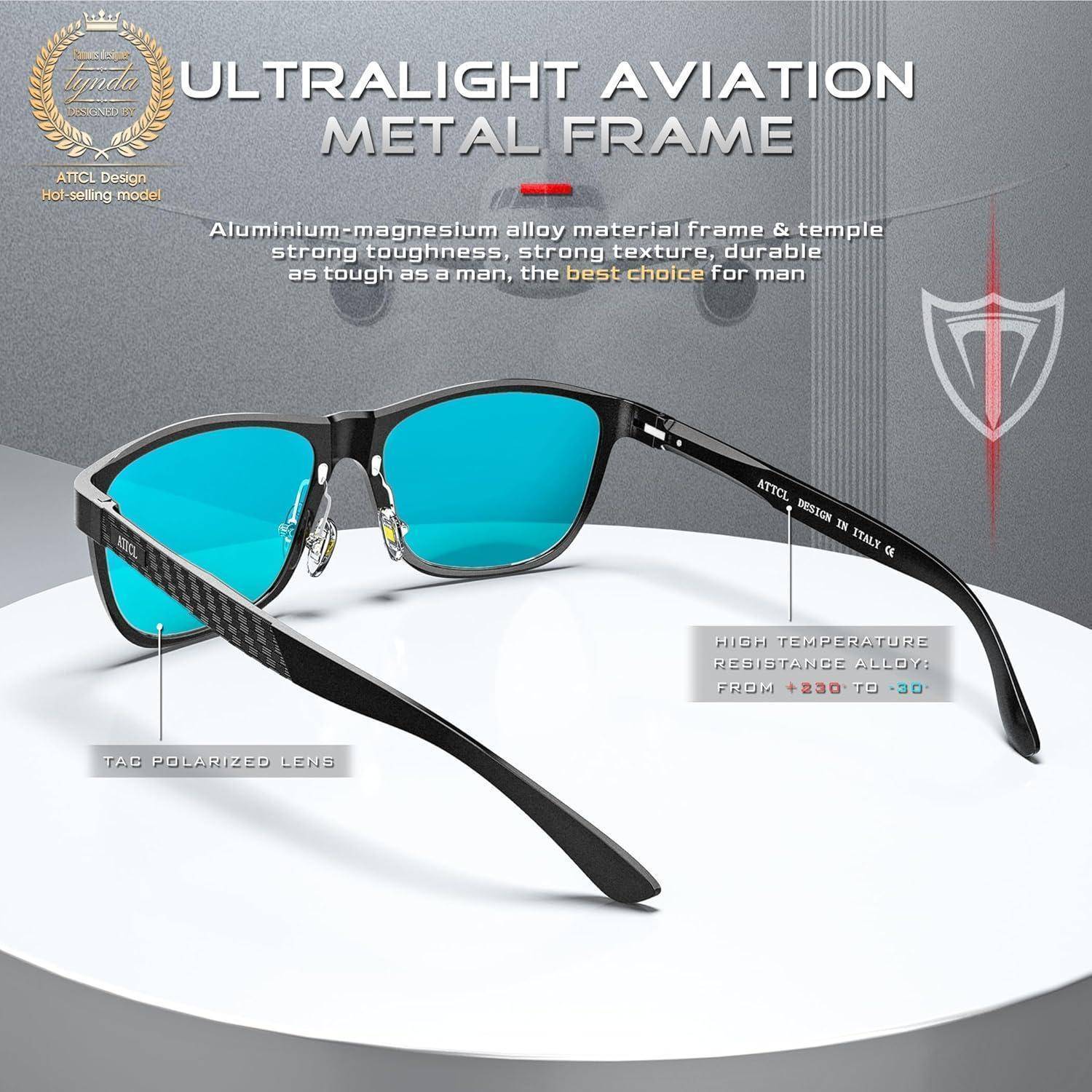 Sonnenbrille mit blauen Gläsern und einem Rahmen aus Carbonfaser. Textmerkmale: ultraleichter Luftfahrtmetallrahmen, hohe Temperaturbeständigkeit, polarisierte Gläser und robustes Design.