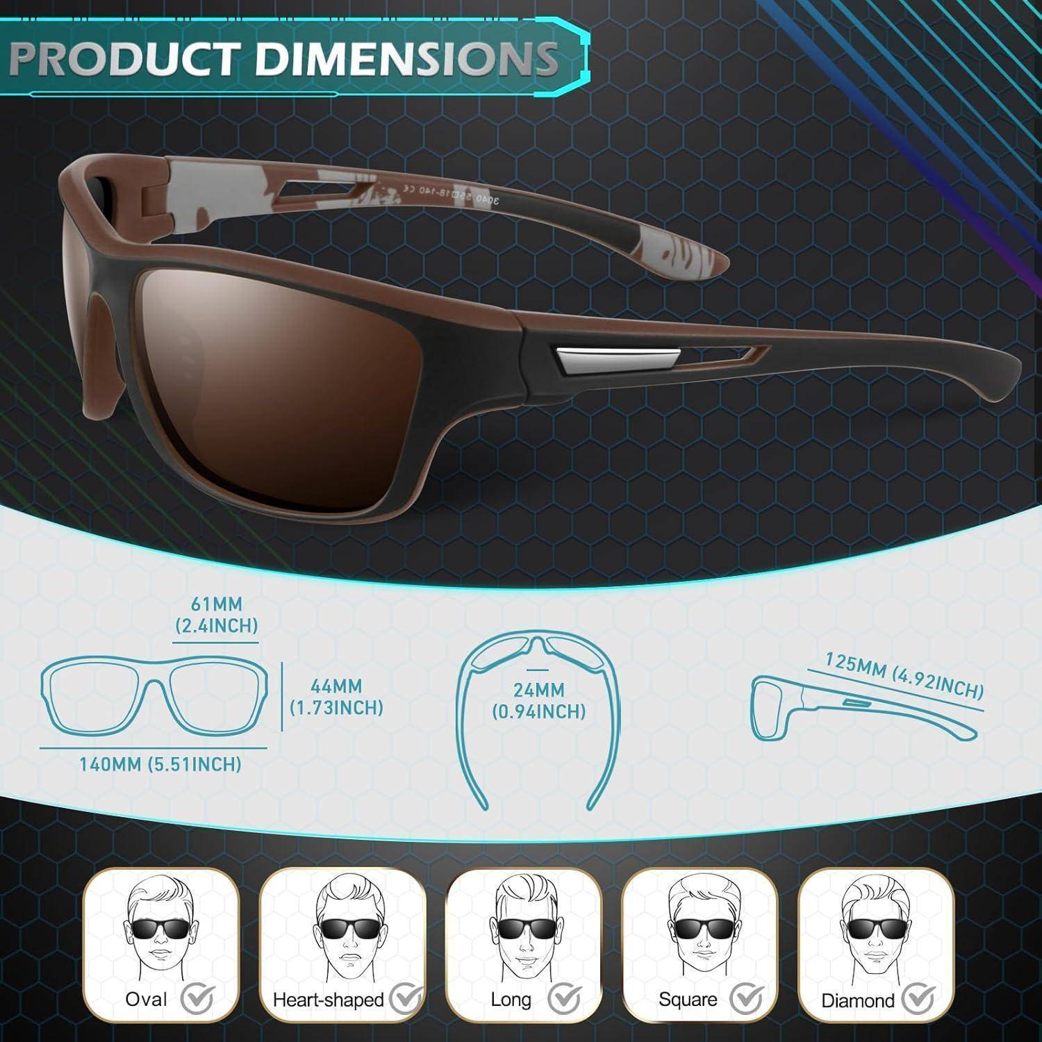 Sonnenbrille mit Maßen: Linsenbereite 61 mm, Linsenhöhe 44 mm, Steg 24 mm, Bügellänge 125 mm. Geeignet für ovale, herzförmige, lange, quadratische und diamantförmige Gesichtsformen.