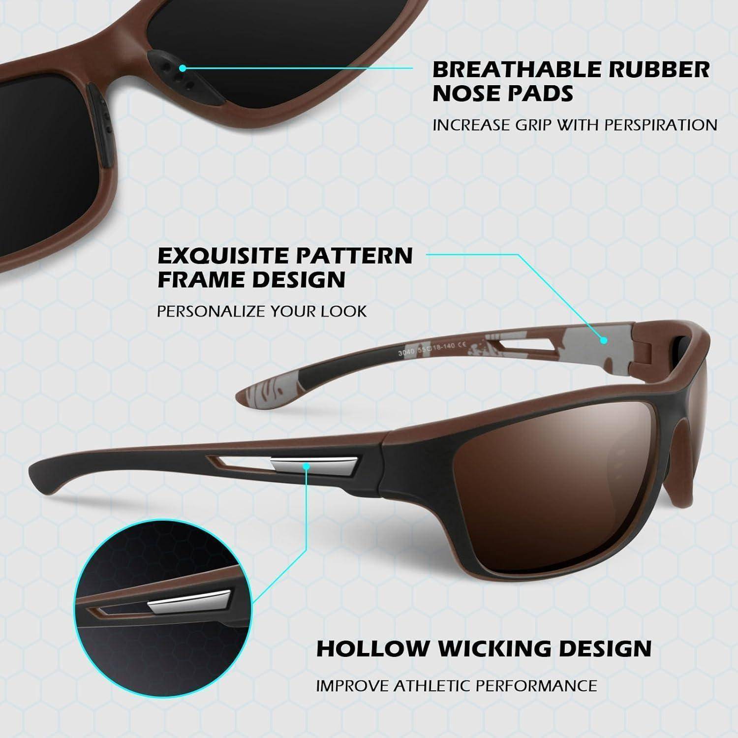 Sonnenbrille mit Gummi-Nasenpads für besseren Halt, exquisitem gemusterten Rahmen und durchbrochener Wicking-Konstruktion zur Leistungssteigerung bei Sport.
