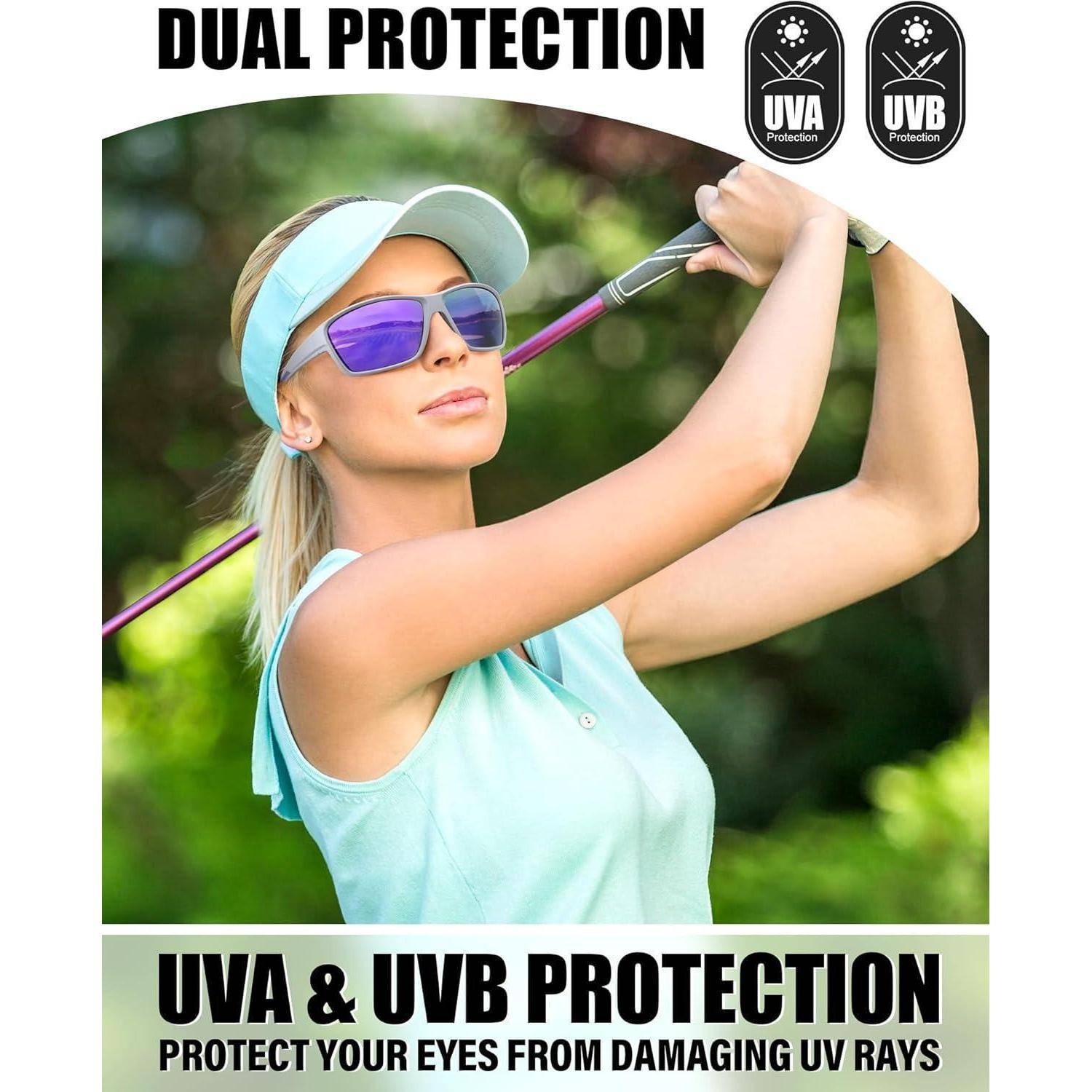 Frau beim Golfen mit Sonnenbrille und Schirmmütze. Text: Doppelter Schutz. UVA- & UVB-Schutz. Schützen Sie Ihre Augen vor schädlichen UV-Strahlen.