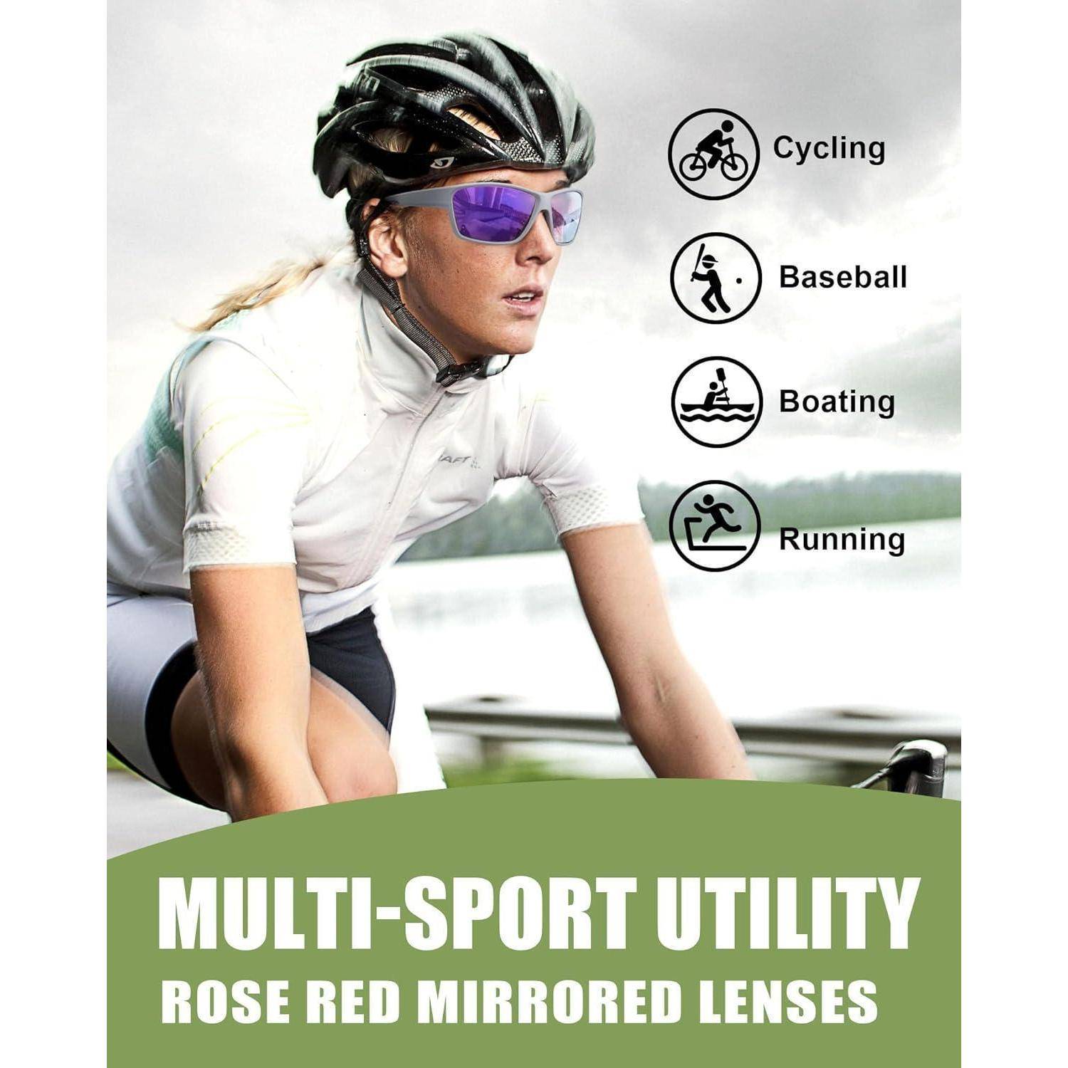 Ein Radfahrer mit Helm und Sonnenbrille fährt, wobei Symbole anzeigen, dass die Sonnenbrille für Radfahren, Baseball, Bootssport und Laufen geeignet ist.
