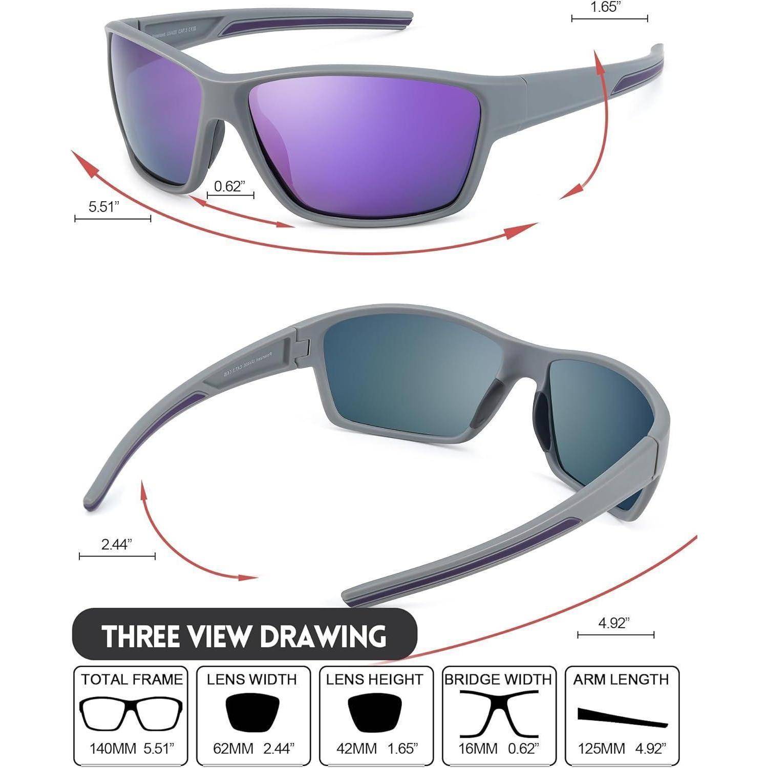 Sonnenbrille mit violetten Gläsern, mit folgenden Maßangaben: Rahmen 5,51 Zoll, Glasbreite 2,44 Zoll, Glasshöhe 1,65 Zoll, Stegbreite 0,62 Zoll, Bügellände 4,92 Zoll.