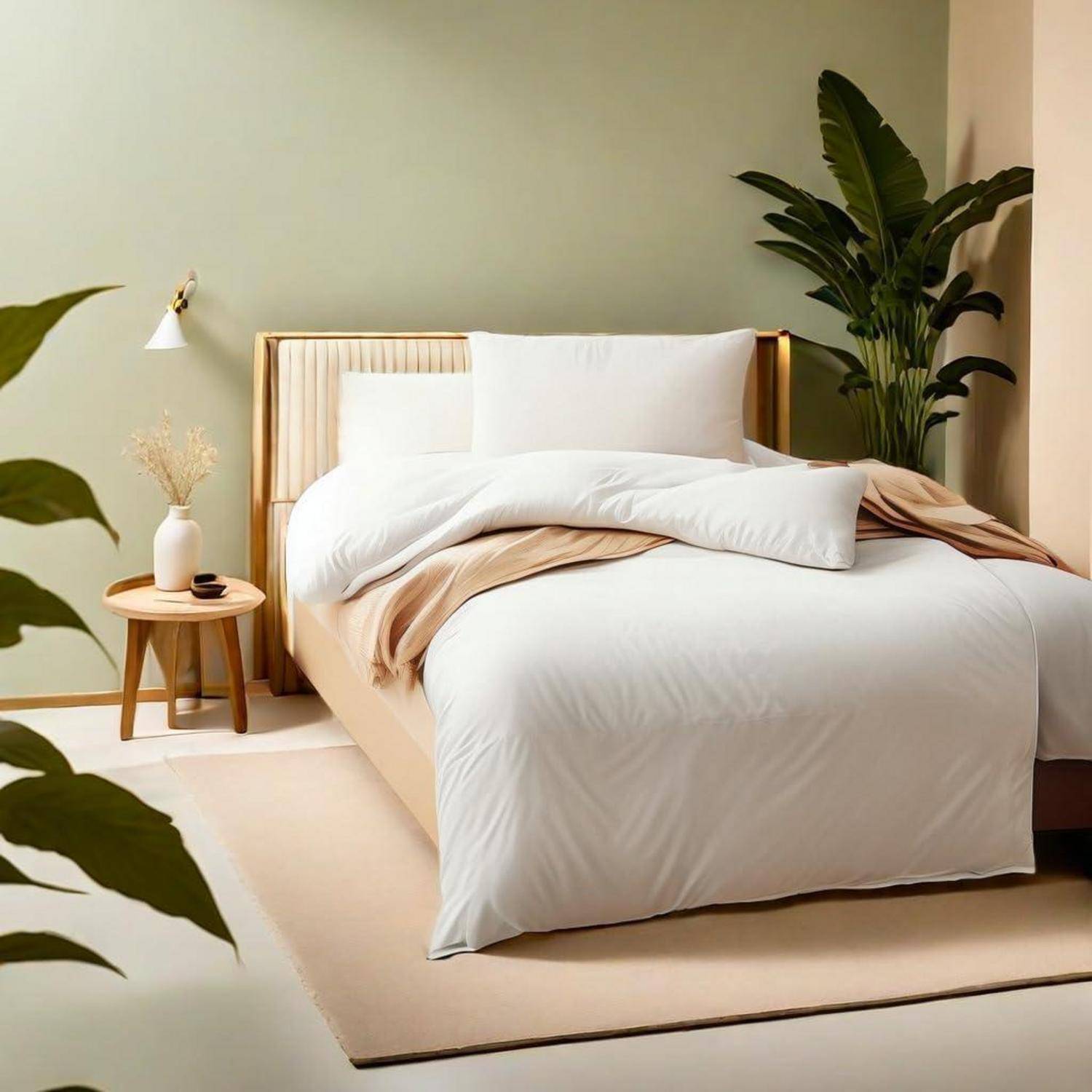 Ein gemütliches Schlafzimmer mit einem ordentlich gemachten Bett, weißen Laken, beigefarbener Decke, einem Nachttisch mit einer Vase und einer Topfpflanze in der Ecke.