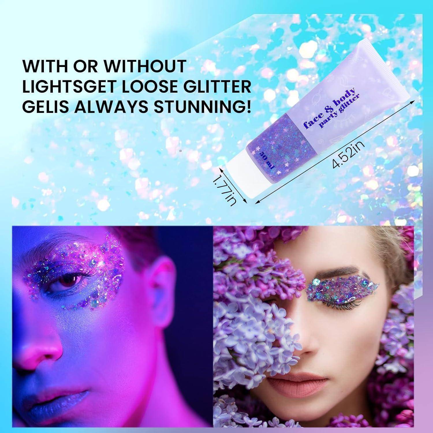 Tuben von Gesichts- und Körper-Glitzergel in 1,77 x 4,52 Zoll. Model mit Glitzer um die Augen, begleitet von lila Blumen.