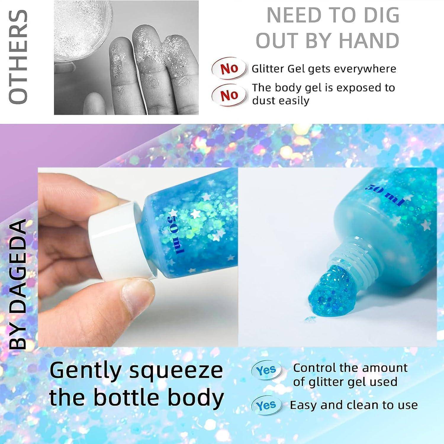 Flasche mit Glitzer-Gel, die eine blaue glitzernde Substanz freigibt. Text empfiehlt: 