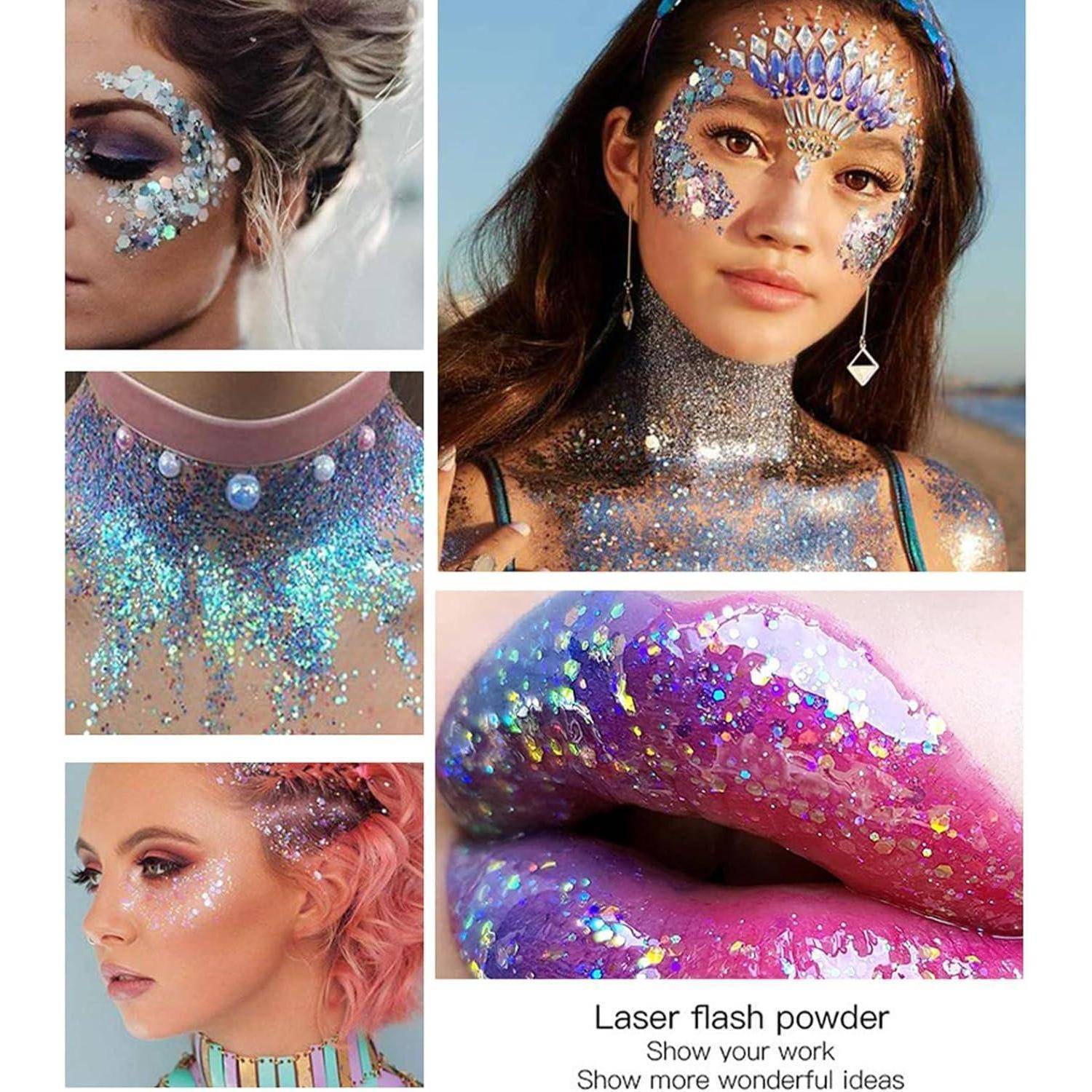 Collage von Models mit buntem Glitzer-Make-up auf Gesichtern, Hälsen und Lippen, die funkelnde, künstlerische Designs präsentieren, mit Text, der „Laser-Blitzpulver