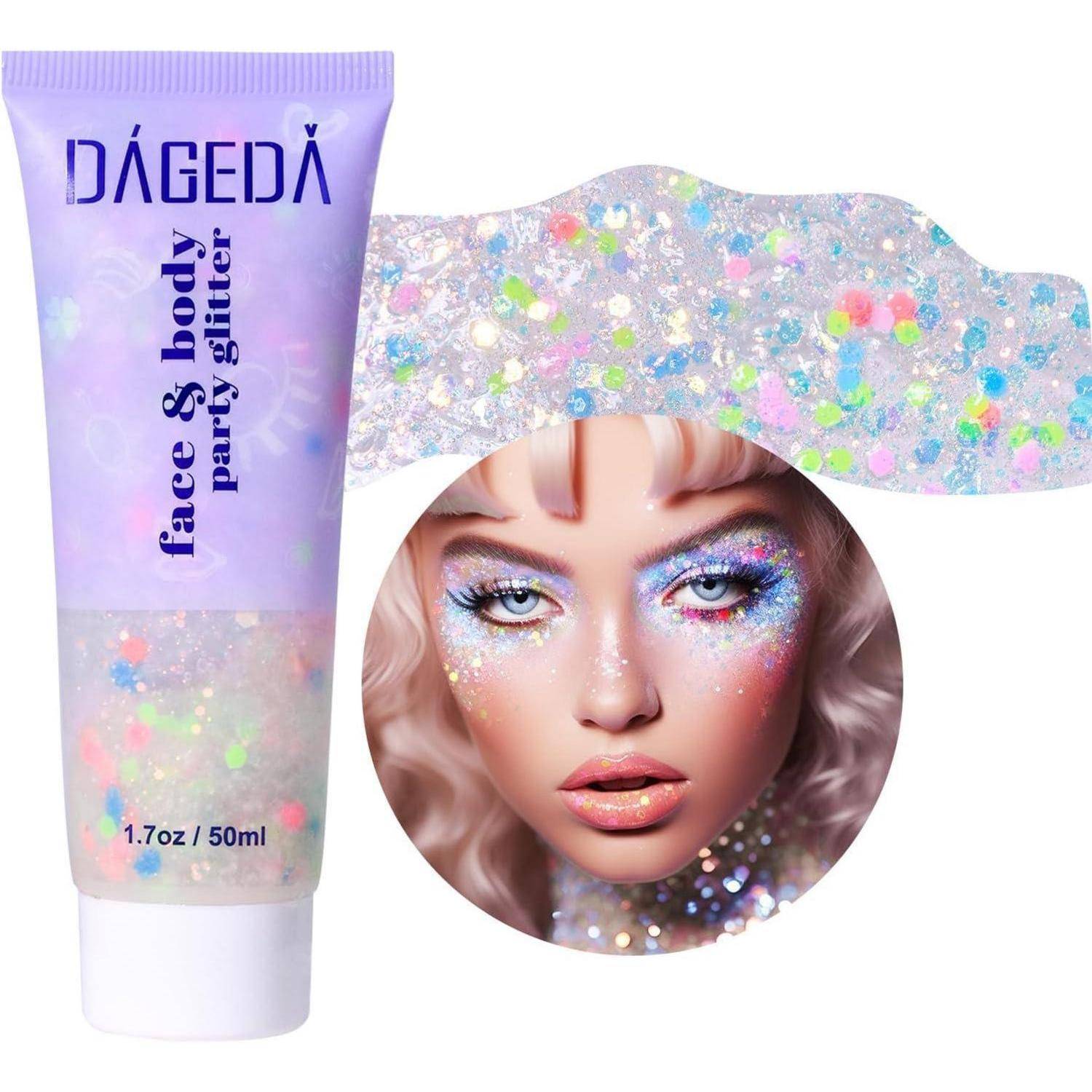 Tube von Dageda Gesichts- und Körper-Party-Glitzer mit bunten Glitzerpailletten; Einschub zeigt ein Model mit Glitzer auf Augen und Wangen.