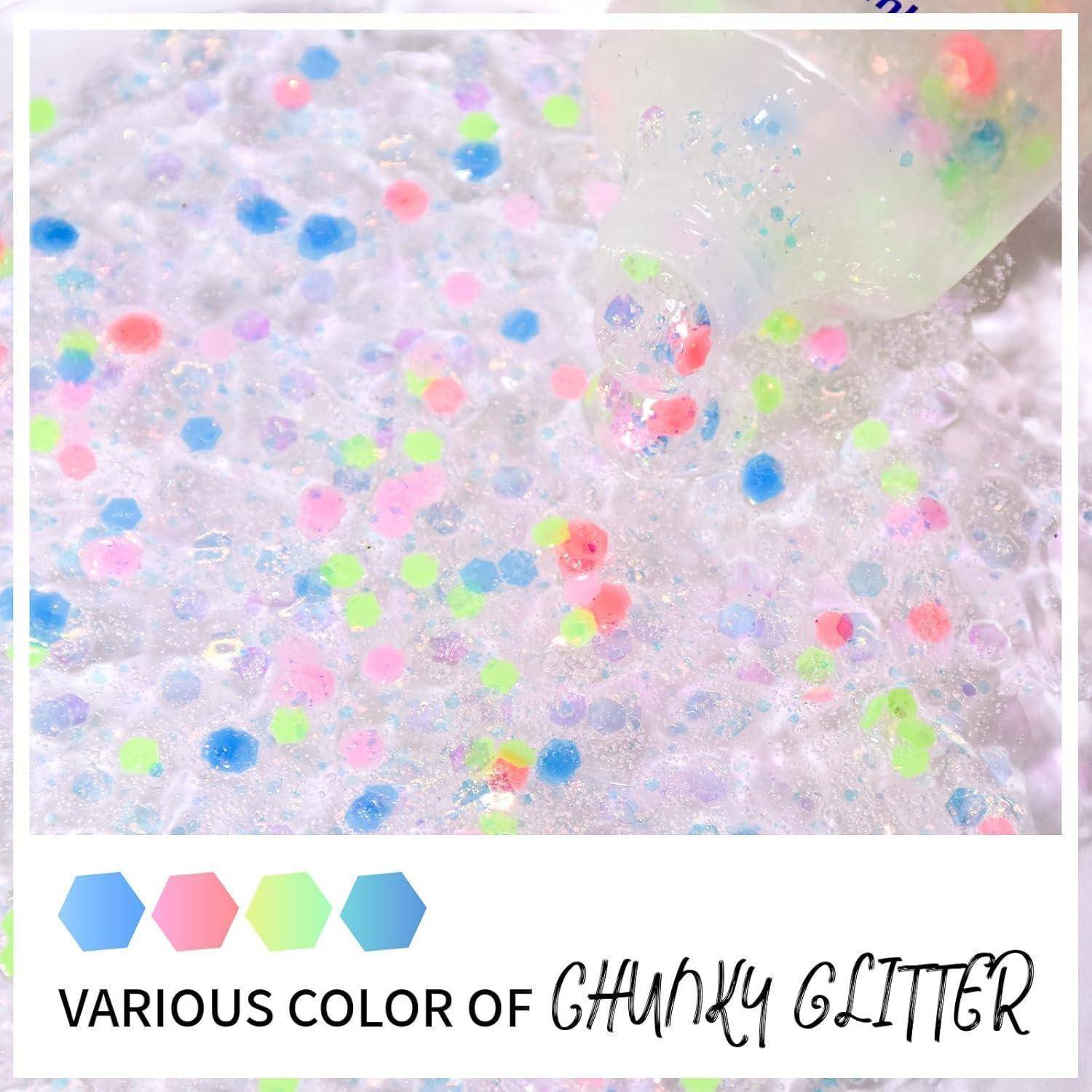 Bunter, grober Glitzer mit sechseckigen Formen in Neonfarben Pink, Grün, Blau und Violett. Text lautet: 