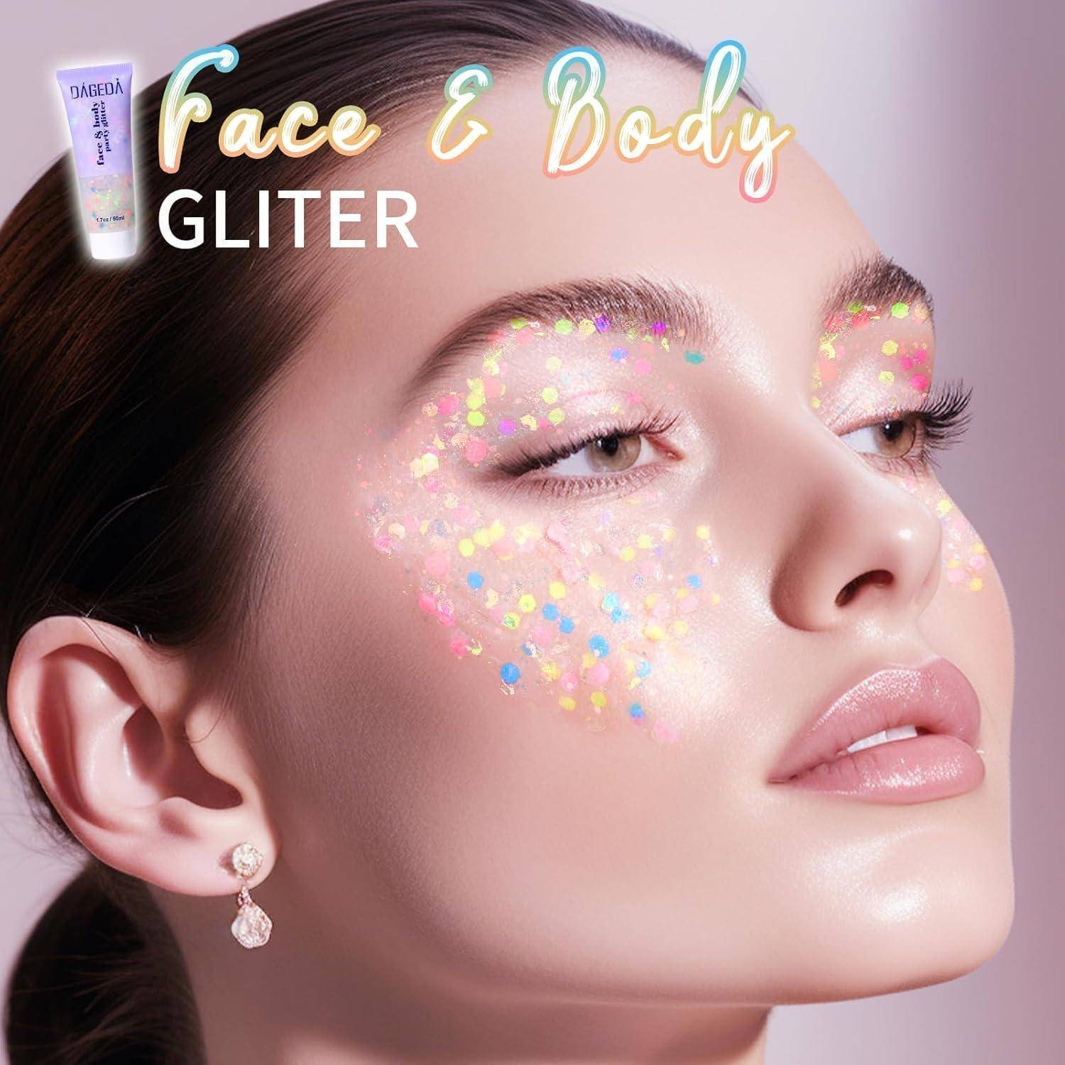 Eine Frau mit buntem Glitzer im Gesicht, die 'Face & Body Glitzer' bewirbt. Eine Tube mit Glitzerprodukt ist in der oberen linken Ecke zu sehen.