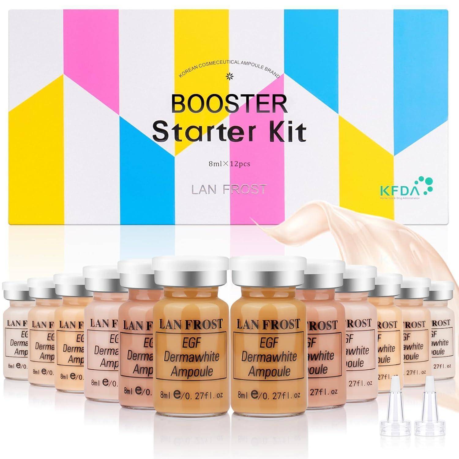 Booster Starter Kit von LAN FROST präsentiert eine Anordnung kleiner Fläschchen, beschriftet mit 'EGF Dermawhite Ampoule', vor einem farbenfrohen Verpackungshintergrund.