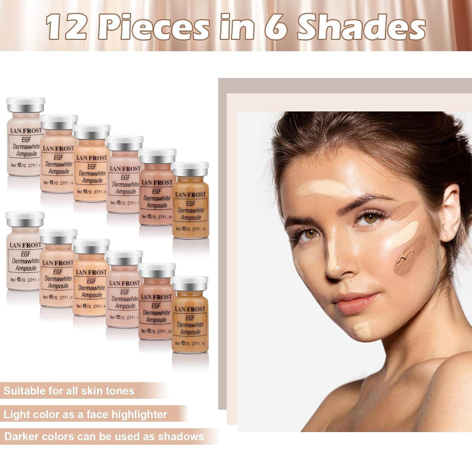 Ein Set von 12 Kosmetikflaschen, beschriftet in sechs Schattierungen für verschiedene Hauttöne. Ein Model demonstriert mit Contouring-Make-up die Anwendung des Produkts.