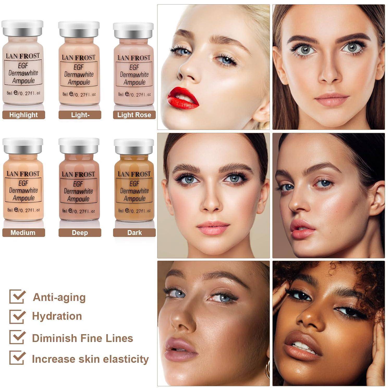 Hautpflegeampullen in sechs Farbtönen mit diversen Models, die verschiedene Hautfarben präsentieren. Vorteile aufgelistet: 'Anti-Aging', 'Hydratation', 'Feine Linien reduzieren', 'Elastizität der Haut erhöhen'.