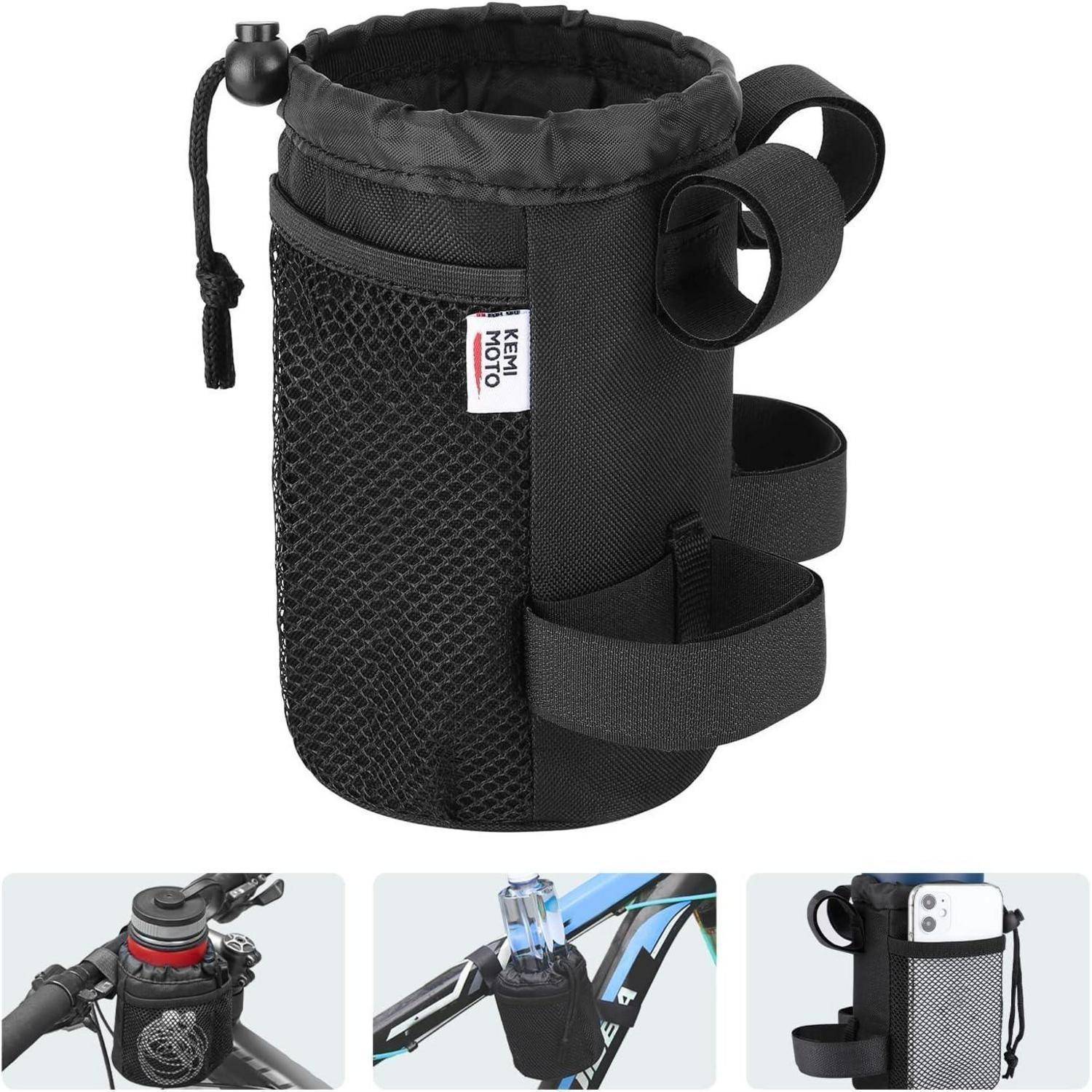 Eine schwarze isolierte Fahrradlenkertasche mit Mesh-Seitentaschen und verstellbaren Riemen; dargestellt, wie sie am Fahrradlenker befestigt ist, mit einem Telefon und einer Wasserflasche im Inneren.