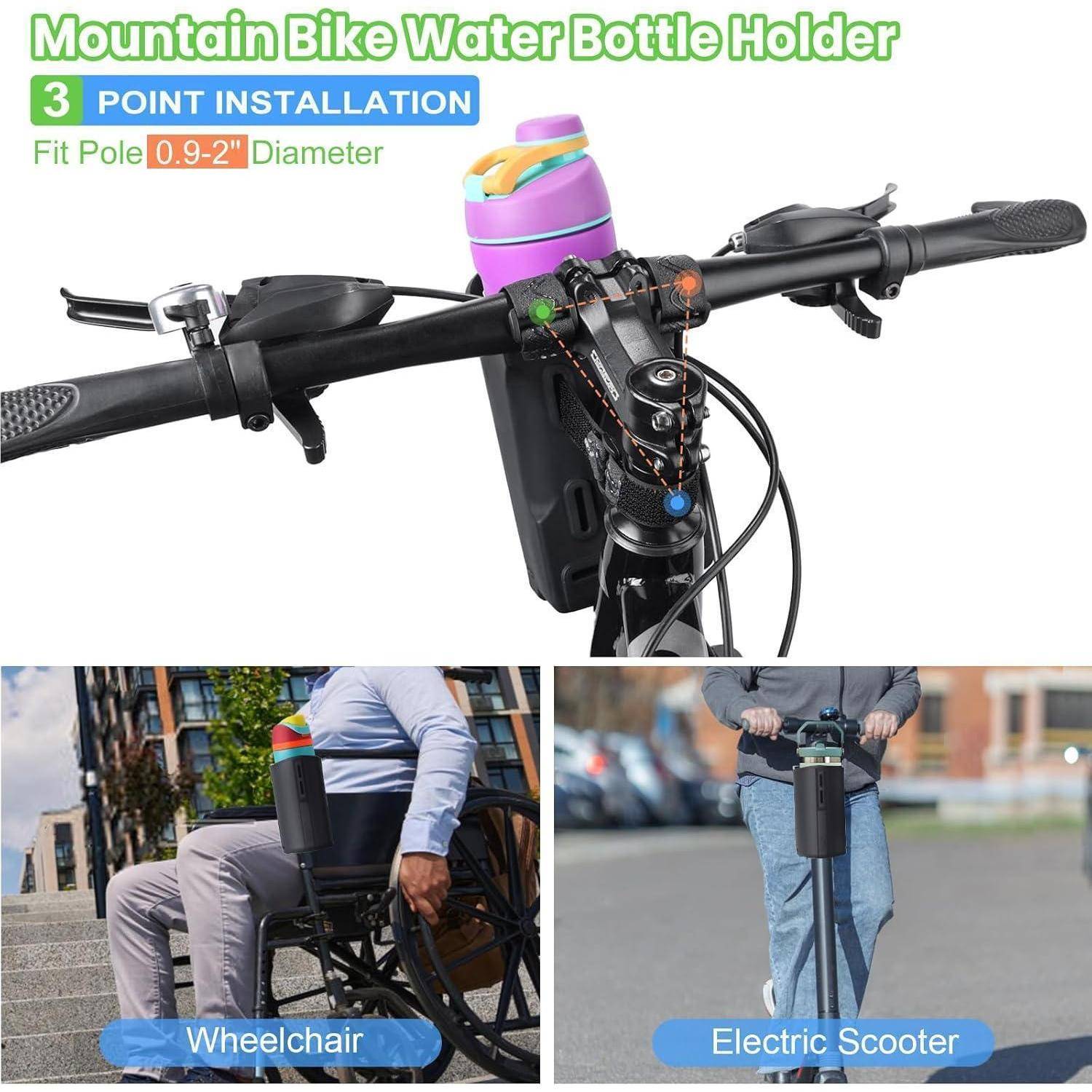 Fahrrad-Wasserflaschenhalterung, die am Fahrradlenker angebracht ist und ihre Vielseitigkeit für Rollstühle und E-Scooter demonstriert.