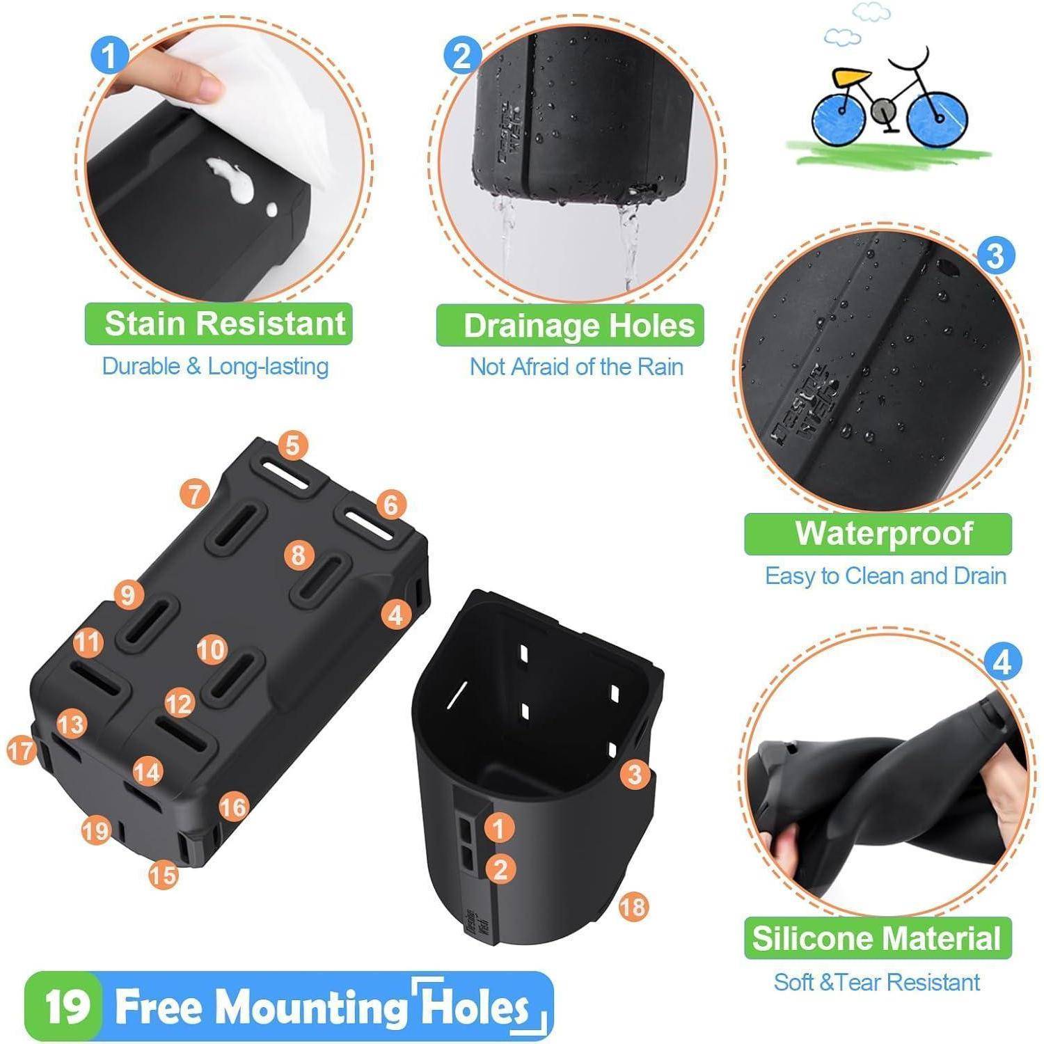 Eine schwarze Fahrrradtasche mit Ablaufbohrungen wird gezeigt. Sie ist fleckenresistent, wasserdicht, aus Silikon gefertigt, mit 19 Befestigungslöchern für einfache Anbringung.