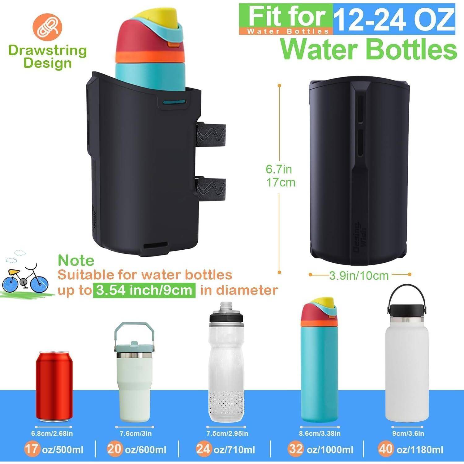 Wasserflaschenhalter mit zwei Fächern und Kordelzugdesign. Passt für Flaschen von 12-24 Unzen, bis zu 3,54 Zoll Durchmesser. Verschiedene Flaschenmodelle abgebildet.