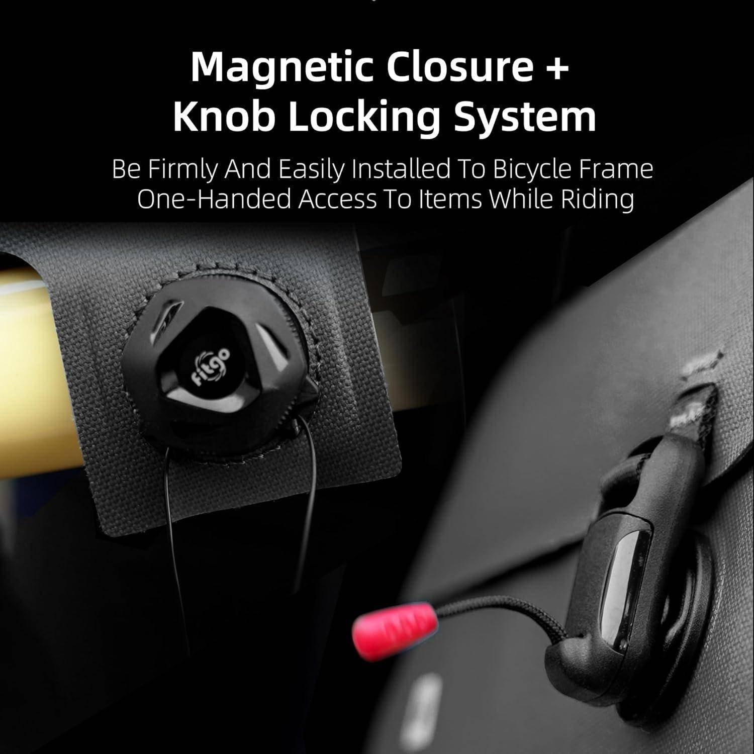 Ein magnetisches Verschlusssystem mit Knopfverriegelung lässt sich leicht am Fahrradrahmen befestigen und ermöglicht den Zugriff auf Gegenstände mit nur einer Hand während der Fahrt.