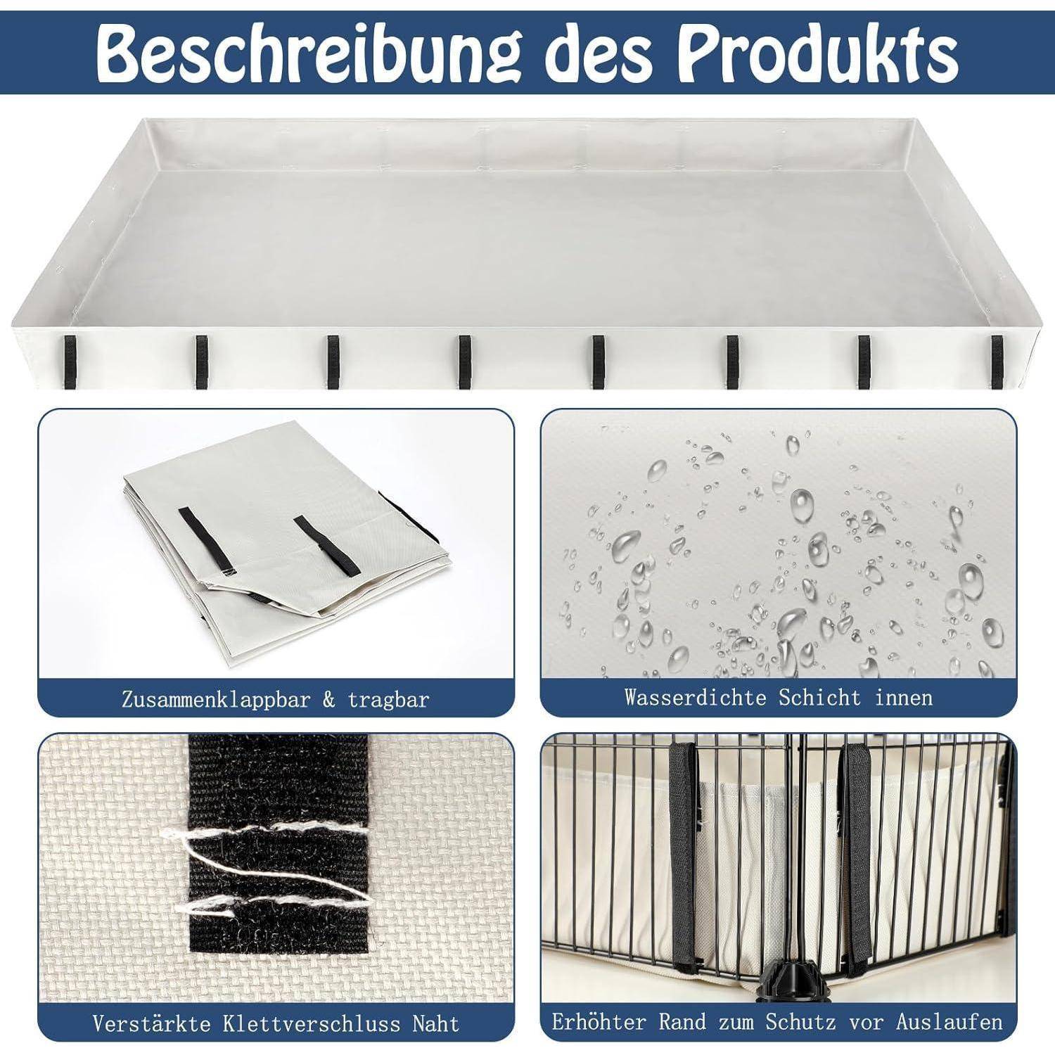 Produktbeschreibung' präsentiert ein faltbares, tragbares Tablett mit wasserdichter Auskleidung, verstärkten Klettverschlussnaht und erhöhten Kanten.
