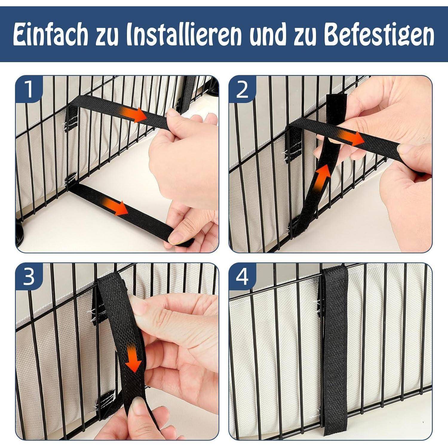Montagehinweise: 1. Riemen durch Stangen führen. 2. Riemen festziehen. 3. Umschlingen und befestigen. 4. Riemen ist sicher befestigt.