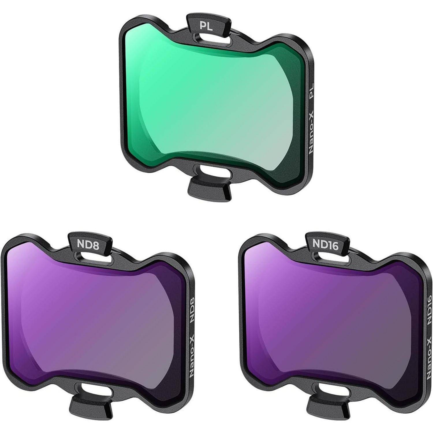 Drei Kameraobjektivfilter werden gezeigt: ein grüner Polarisationsfilter (PL) oben, ein ND8-Filter unten links und ein ND16-Filter unten rechts.