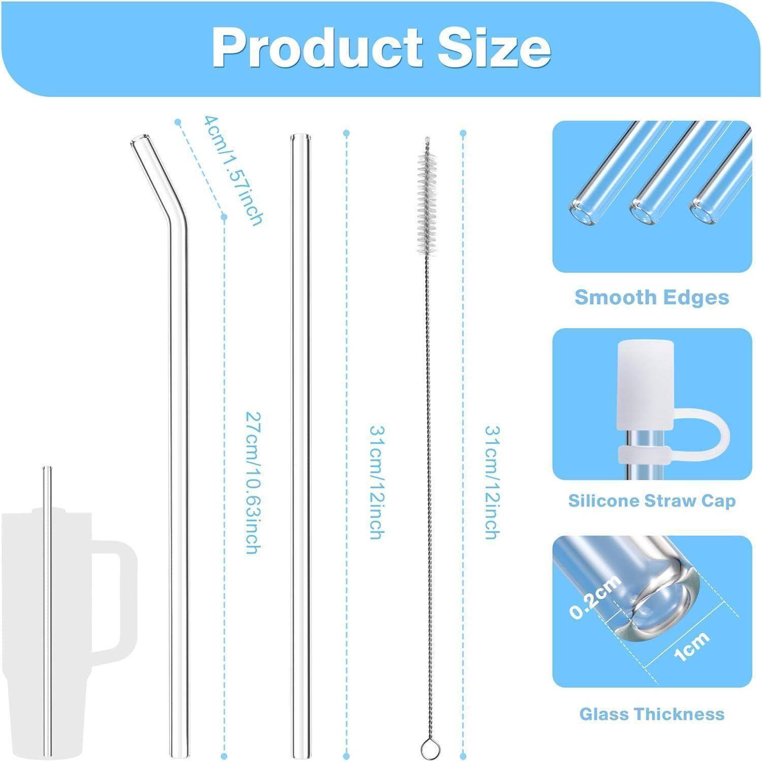 Produktgröße': Enthält zwei Glasstrohhalme (40 cm und 27 cm), eine Reinigungsbürste (31 cm), Silikonschutzkappe für den Strohhalm, Eigenschaften: glatte Kanten, 0,2 cm Glasdicke.