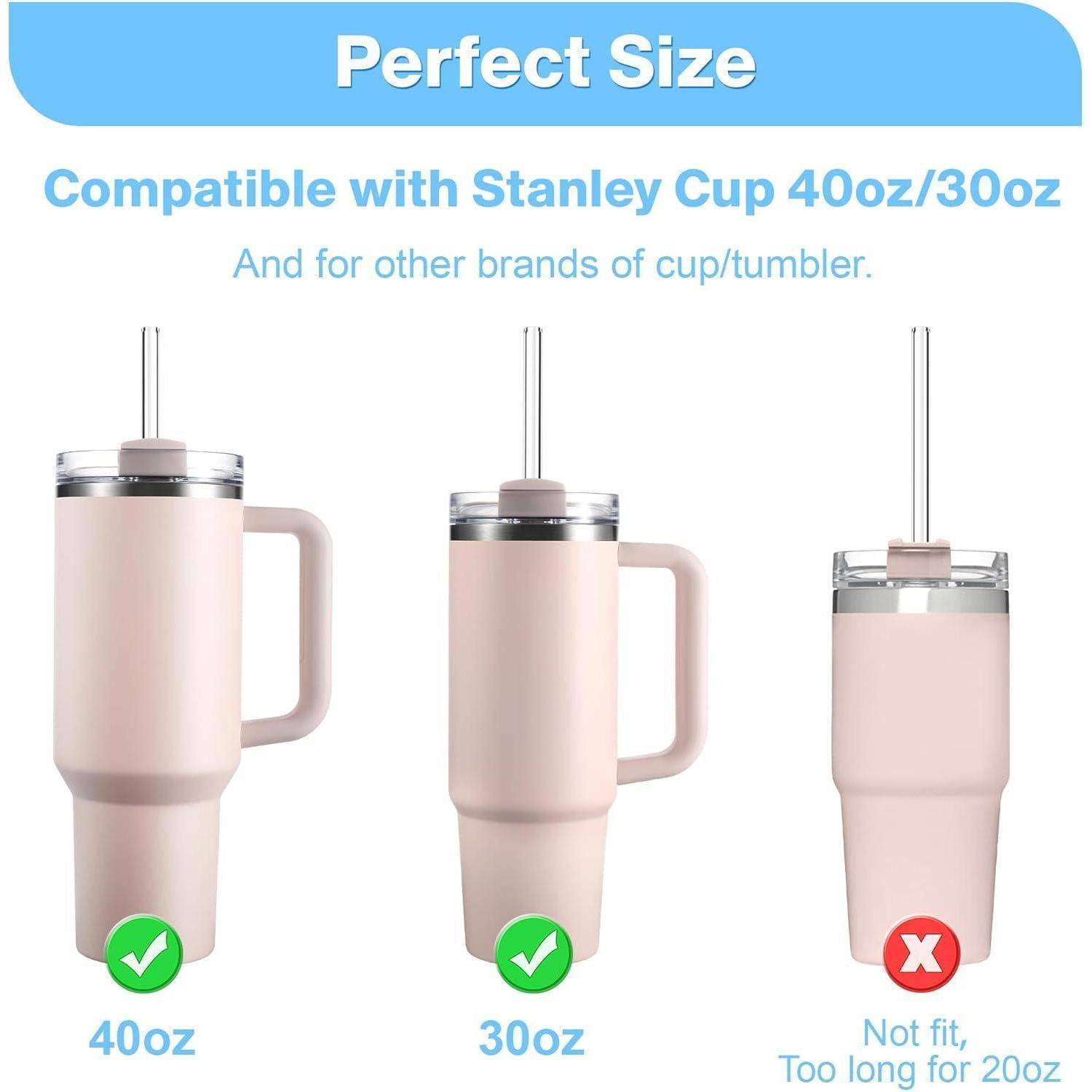 Drei pinke Becher: 40oz und 30oz passen mit grünen Häkchen; 20oz passt nicht mit einem roten Kreuz. Text lautet ‚Perfekte Größe'.