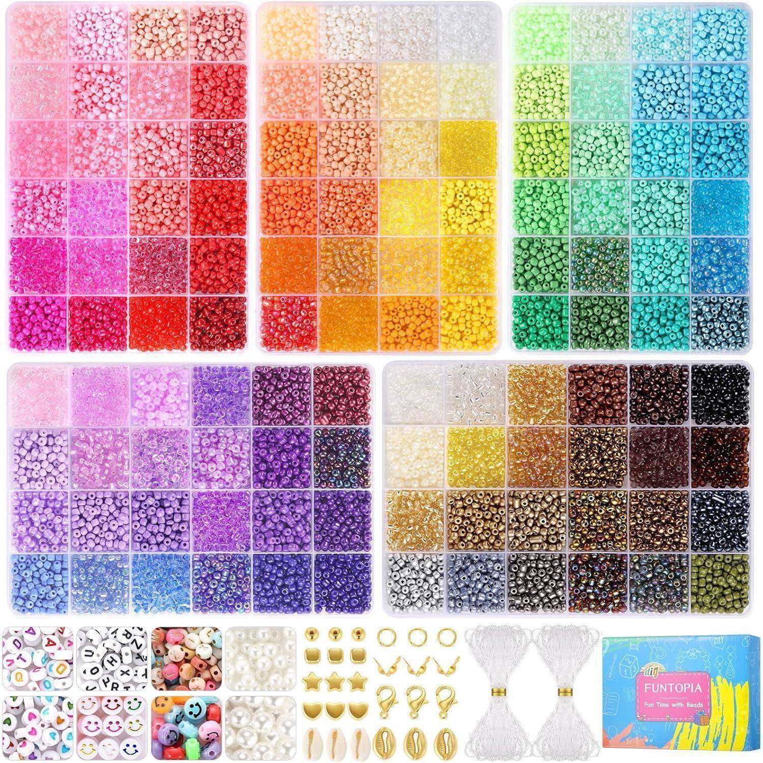 Buntes Perlen-Set mit verschiedenen Formen, Größen und Farben in Fächern, zusammen mit Verschlüssen, Schnüren und einem 'Funtopia'-Etikett in der Ecke.