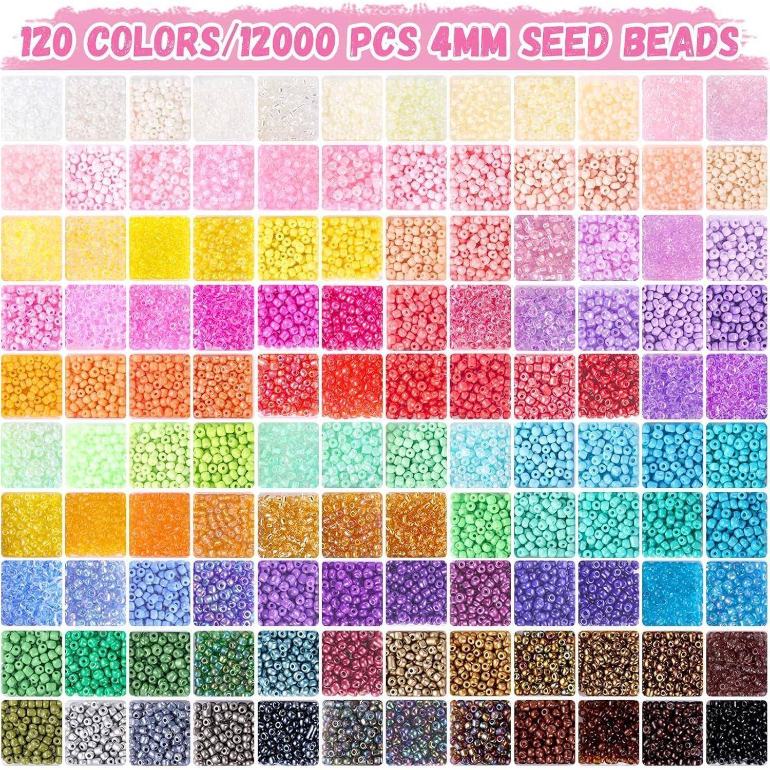 120 Farben/12.000 Stück 4mm Rocailles in einem Raster angeordnet, das eine breite Palette von Farben wie Rosa, Gelb, Grün, Blau und mehr zeigt.