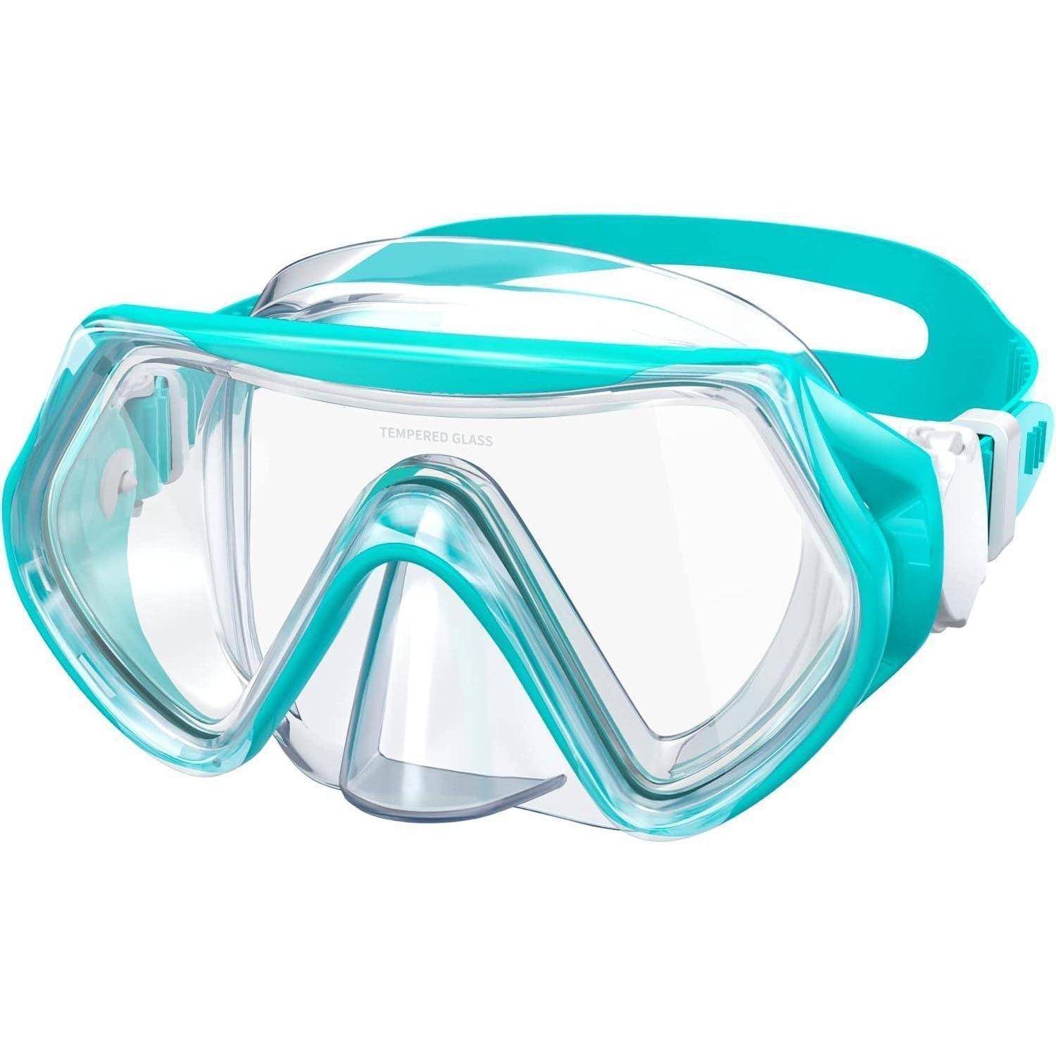 Eine türkisfarbene und transparente Tauchmaske mit einem weitwinkeligen Sichtglas und einem verstellbaren Riemen, entwickelt für Unterwasser-Erkundungen.