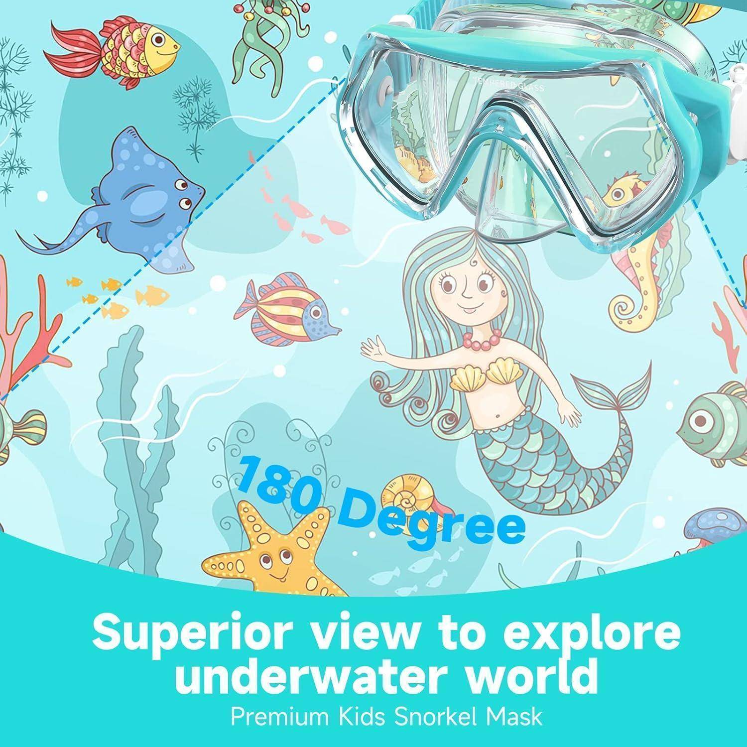 Eine farbenfrohe Unterwasserszenerie mit Meerjungfrauen und Fischen, die eine Kinder-Schnorchelmaske präsentiert. Text lautet: '180-Grad-Panoramaaussicht zum Erkunden' und 'Premium Kinder-Schnorchelmaske'.