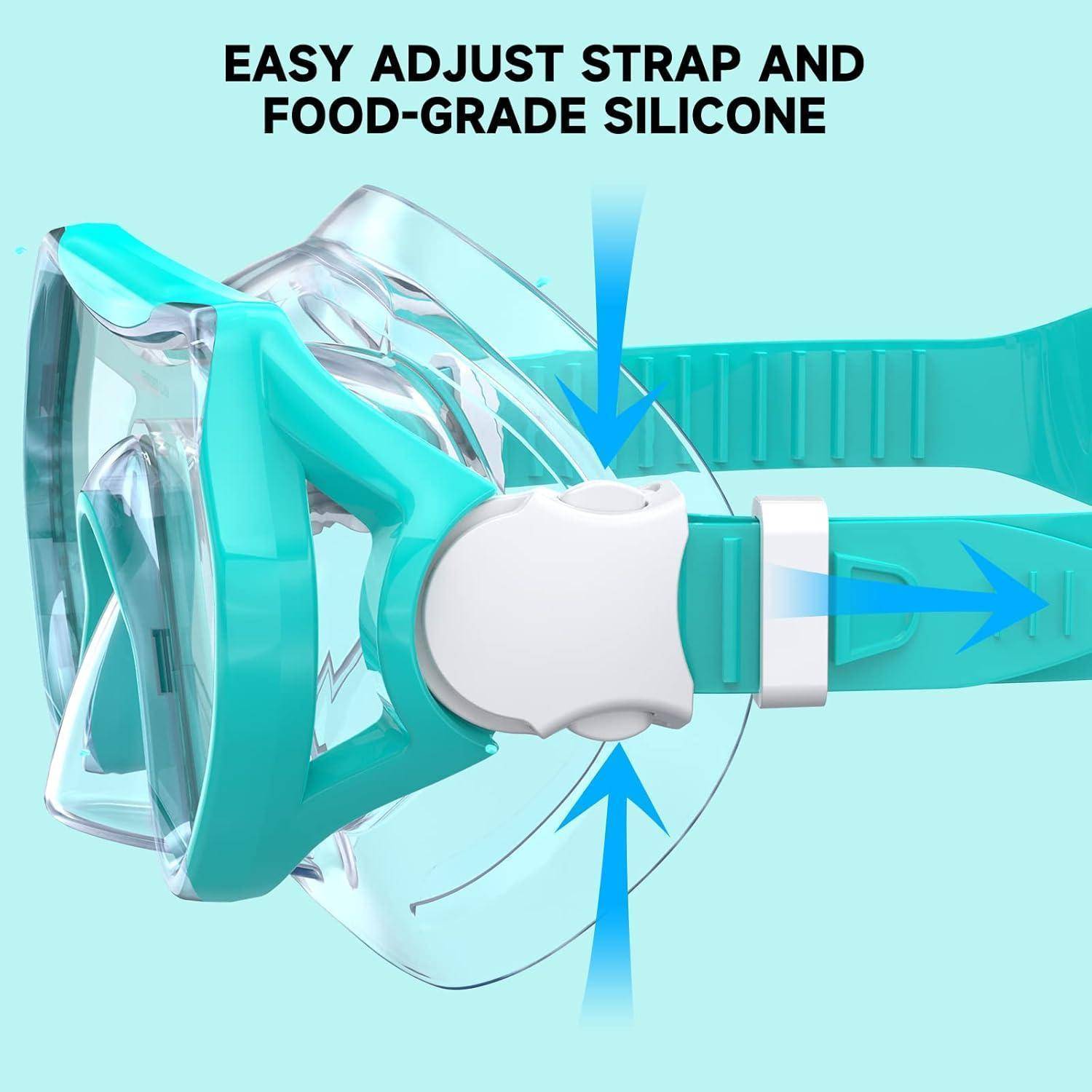 Aquafarbene Schwimmbrille mit klaren Gläsern und verstellbarem Gurt. Text lautet: 