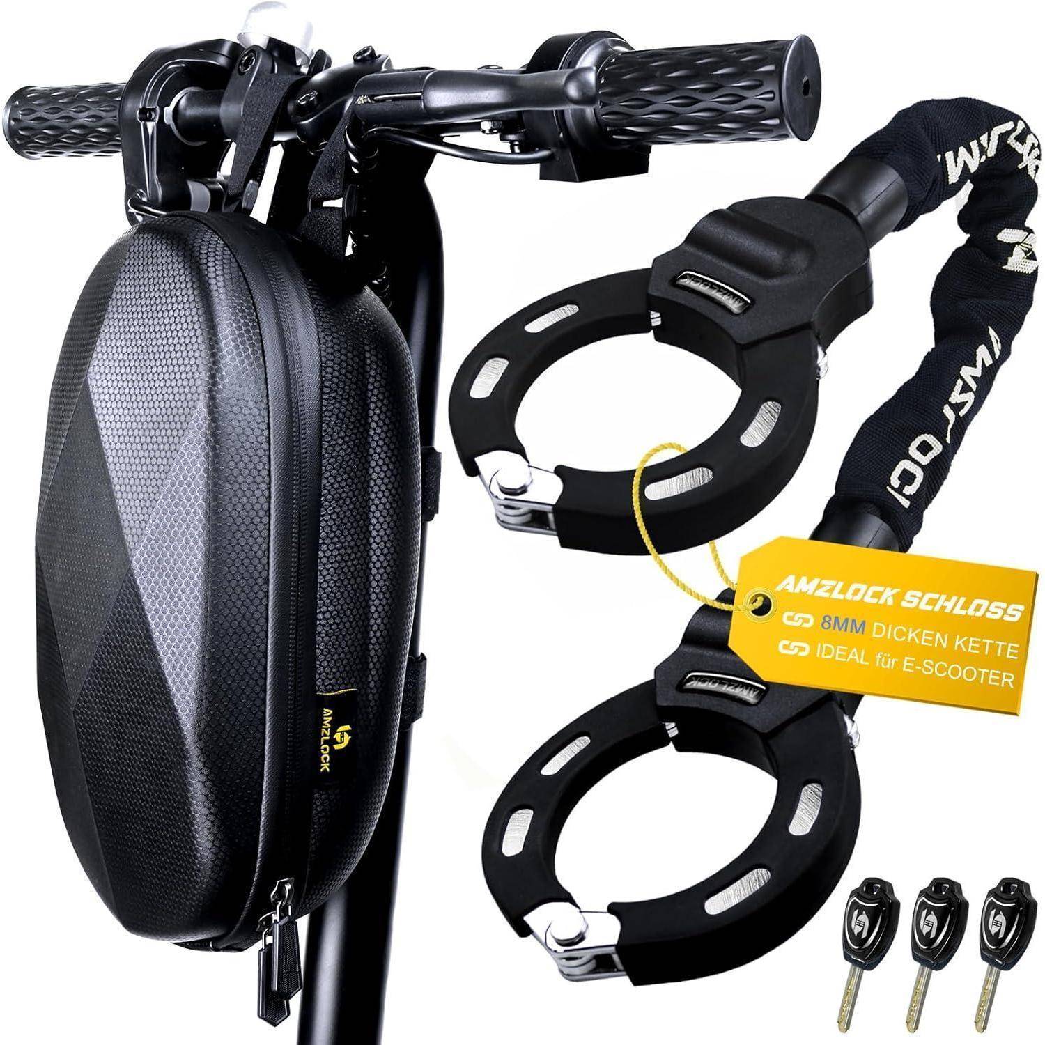 Ein Roller-Lenkrad mit einer schwarzen Aufbewahrungstasche und zwei kreisrunden schwarzen Schlössern mit Schlüsseln, gekennzeichnet mit 'Ideal für E-Scooter'.