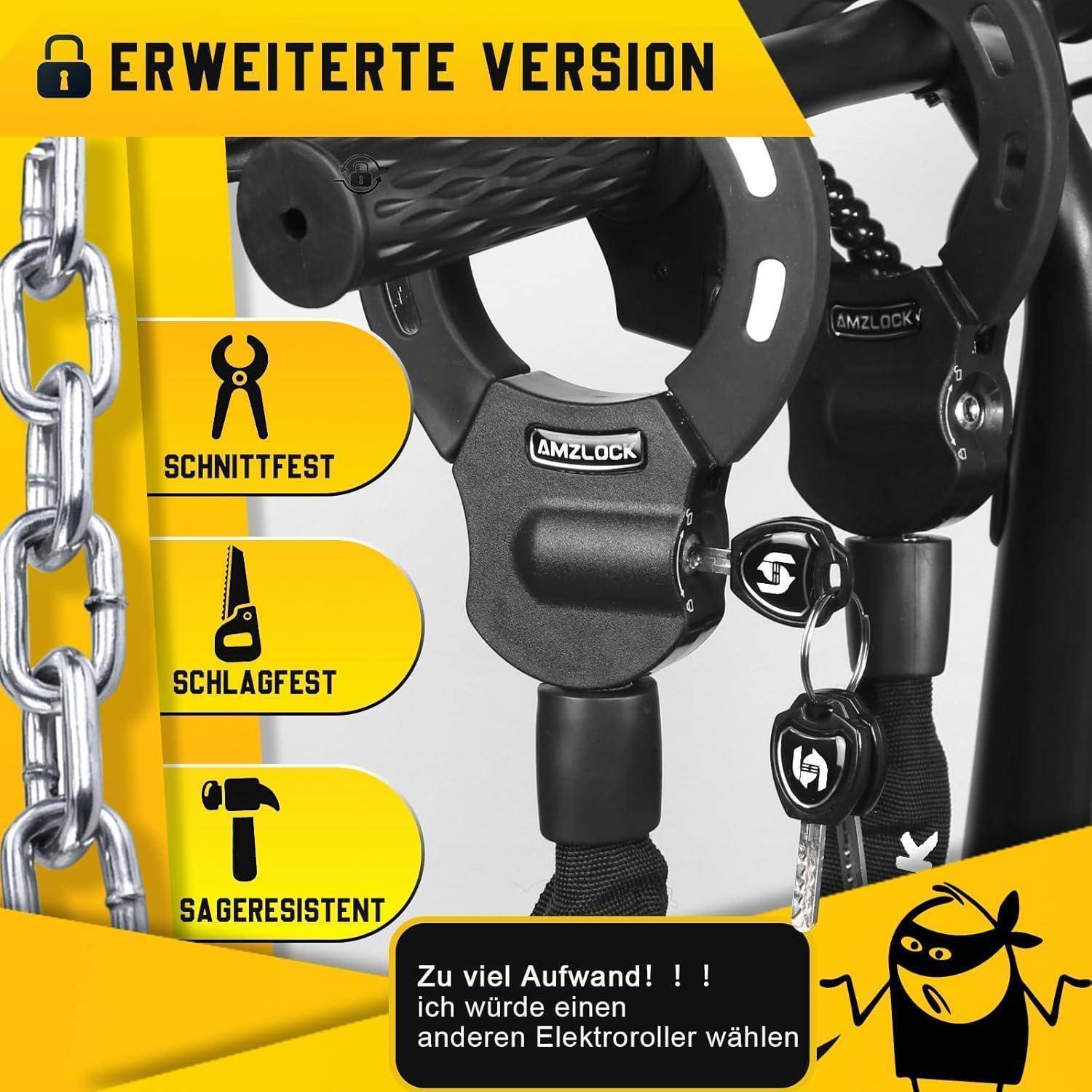 Eine Nahaufnahme eines Kettenschlosssystems mit der Bezeichnung 'AMZLOCK' mit drei Symbolen: schnittfest, stoßfest und säbelfest. Text: 'Zu viel Aufwand? Wählen Sie einen anderen Elektroroller.' Umgebender Text: 'ERWEITERTE VERSION'.