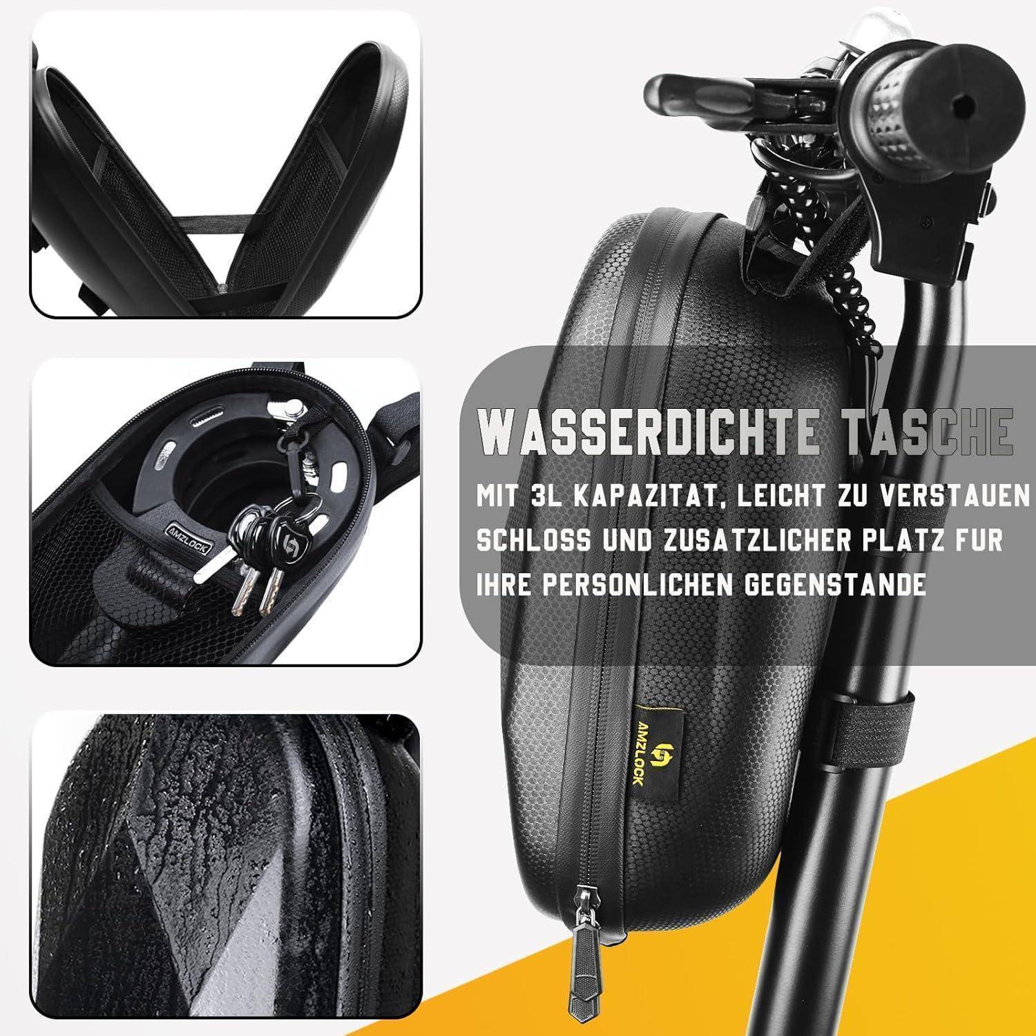 Wasserdichte Lenkertasche mit 3L Fassungsvermögen, die an einem Roller befestigt ist, mit integriertem Schlüsselfach und Schlosshalterung. Deutscher Text beschreibt die Verwendungsmöglichkeiten der Tasche.