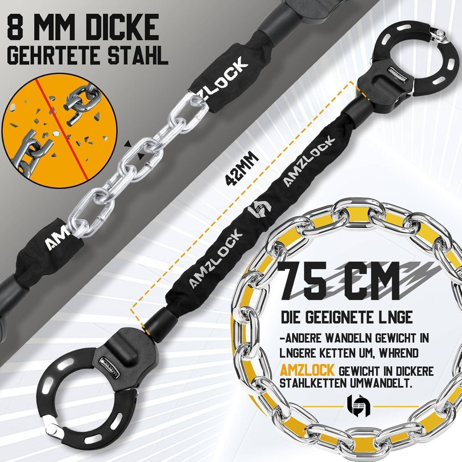 Sicherheitskette mit 8 mm dickem Stahl, 75 cm Länge, entwickelt für Gewichtsumwandlung. Ausgestattet mit AMZLock für erhöhte Sicherheit.