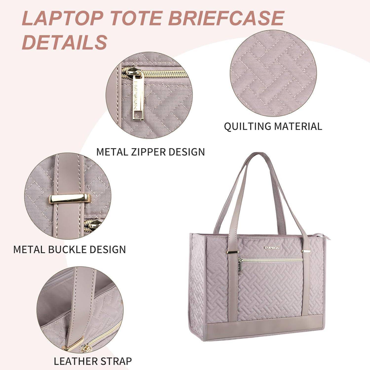Details des Totetaschenmodells: Steppstoff, Metallreißverschluss und Schnalle, Lederriemen.