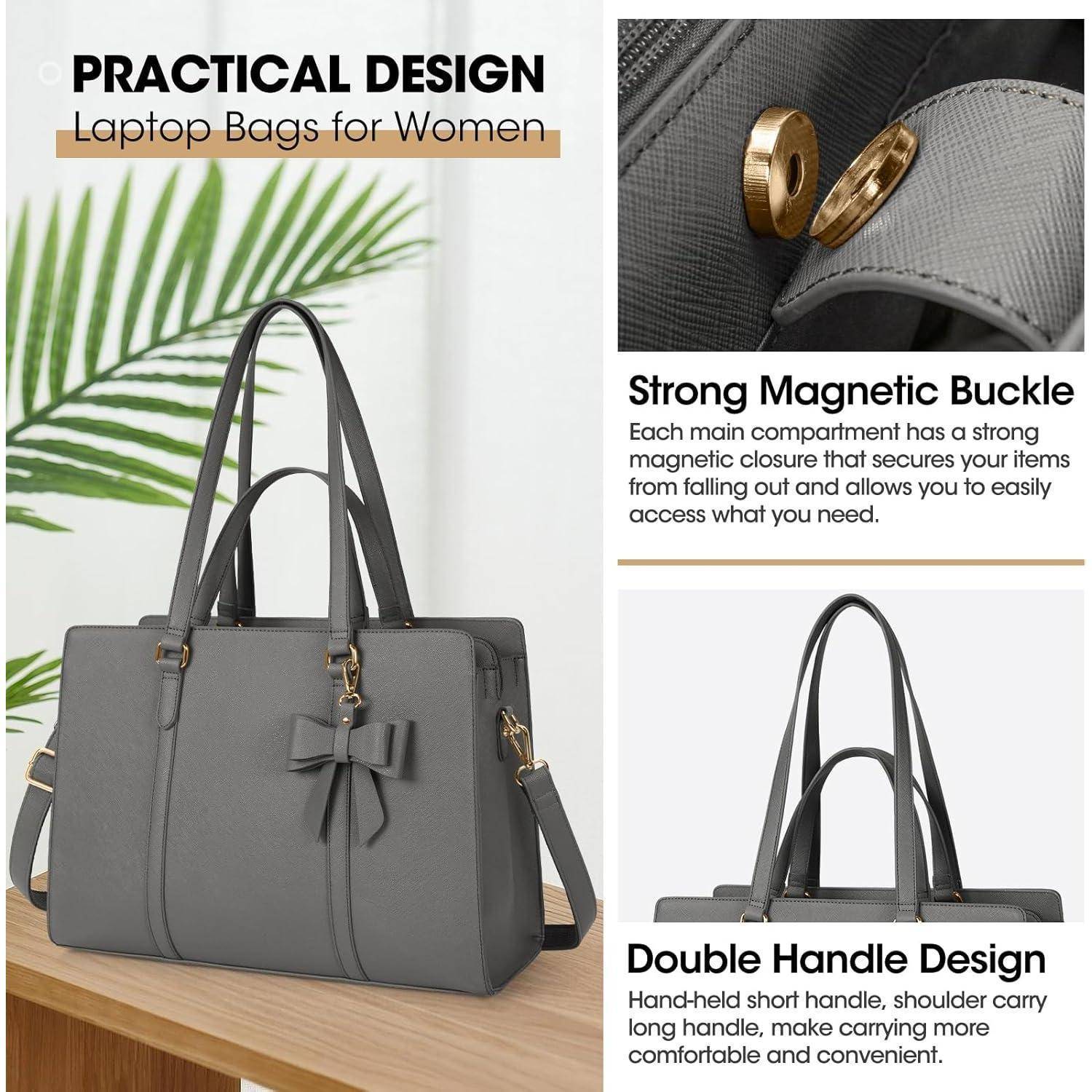 Graue Laptoptasche für Frauen mit Schleifendetail und Magnetverschluss auf einem Tisch. Zu den Merkmalen gehören ein starker Magnetverschluss und ein Doppelgriff-Design für einfachen Zugang und bequemes Tragen.