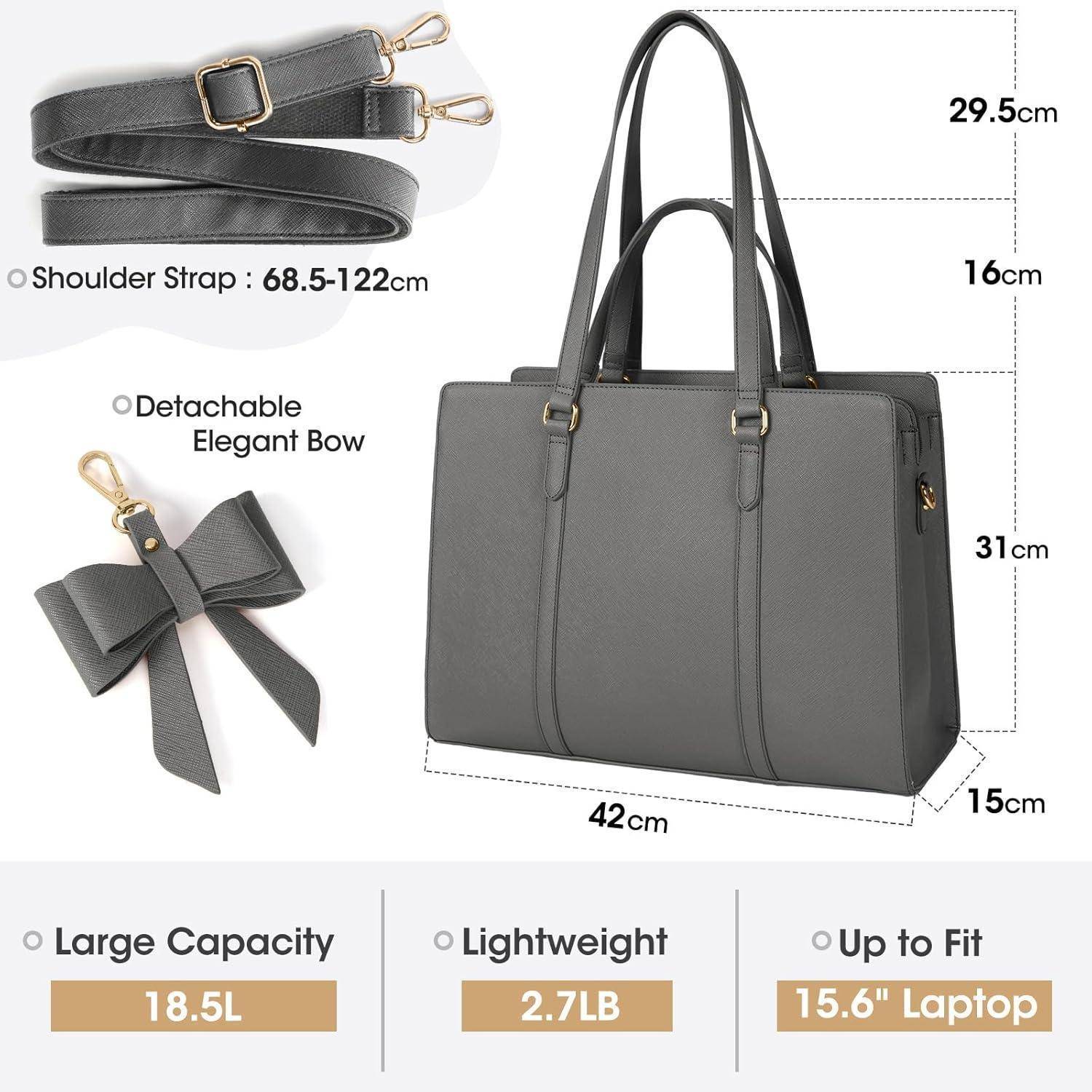 Graue Umhängetasche mit abnehmbarem Gurt und Schleife, misst 42x31x15 cm. Geeignet für Laptops bis 15,6 Zoll, 18,5 Liter Fassungsvermögen, wiegt 2,7 Pfund. Leichtes Design.