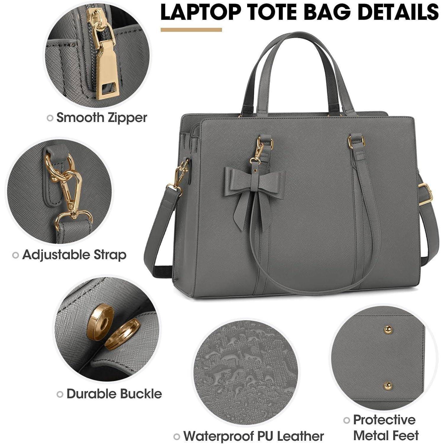 Details Laptop-Tragetasche': Gleitgängiger Reißverschluss, verstellbarer Gurt, robuste Schnalle, wasserabweisendes PU-Leder, schützende Metallfüße, Farbe Grau.