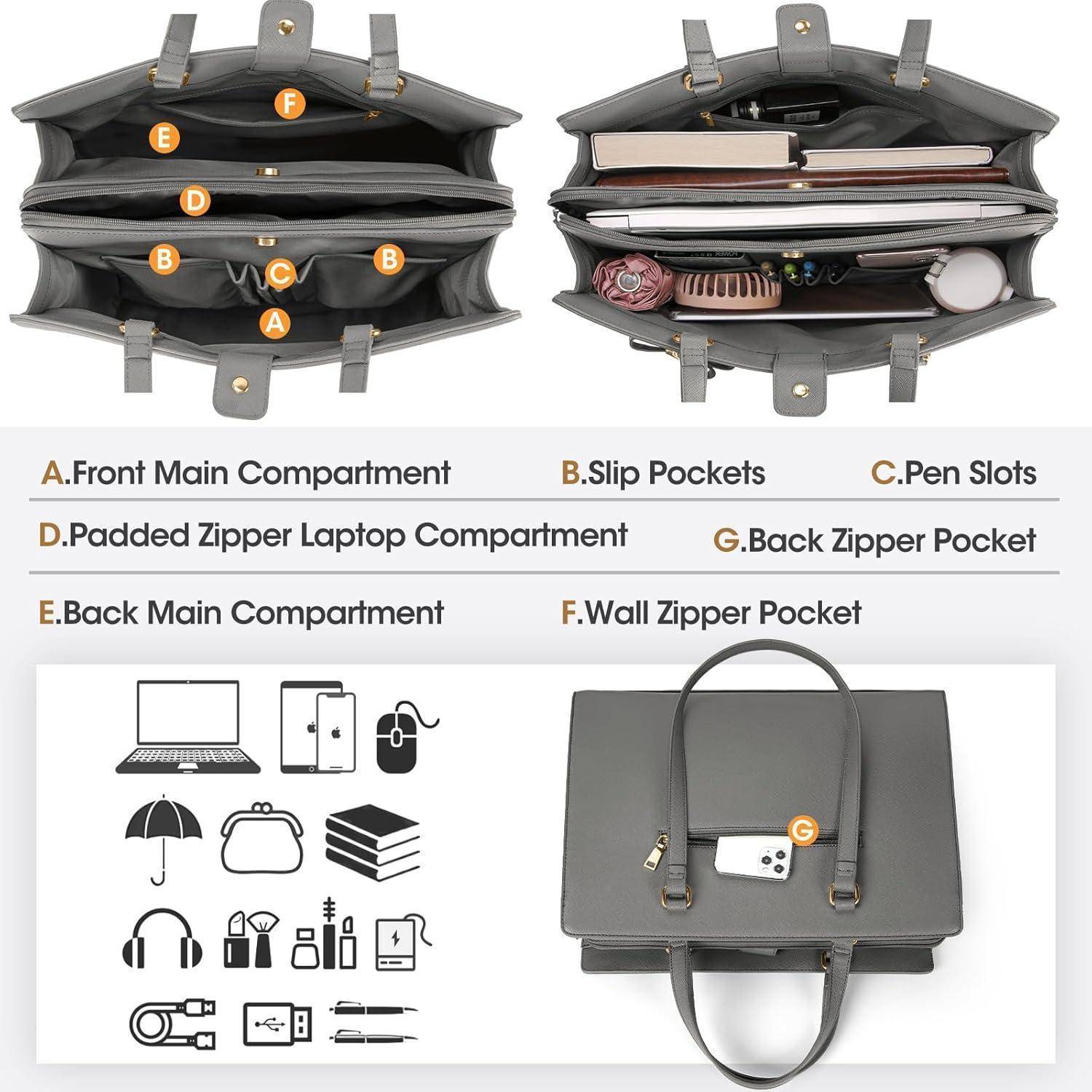 Laptop-Tasche mit gekennzeichneten Fächern: A. Vorderes Hauptfach, B. Einschubfächer, C. Stifthalter, D. Gepolstertes Laptopfach, E. Hinteres Hauptfach, F. Reißverschluss an der Wand, G. Hinterer Reißverschluss. Enthält Zubehör-Symbole.
