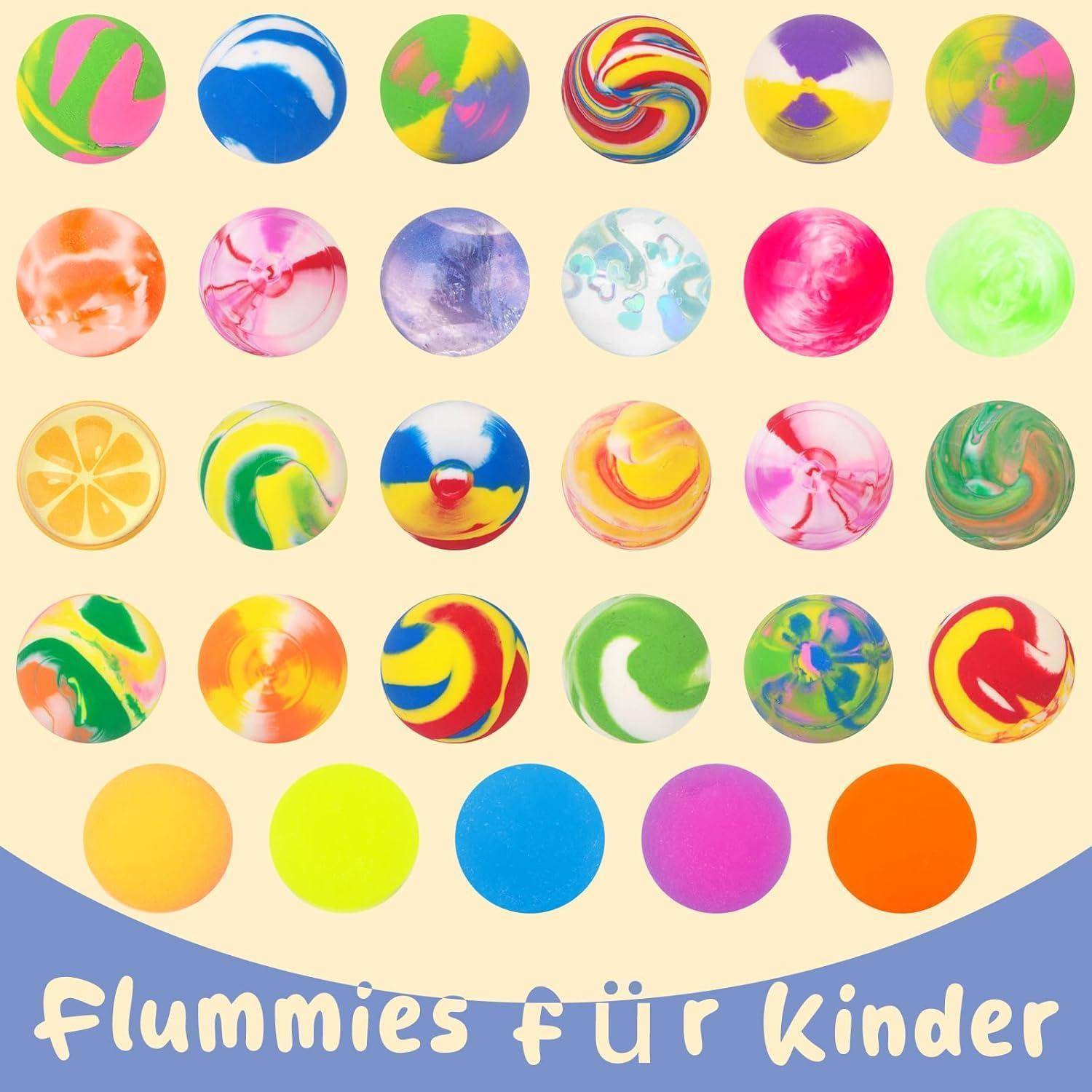 Werbebild 'Flummies für Kinder' mit bunten Flummis, die in Reihen angeordnet sind und verschiedene Muster und Designs aufweisen.
