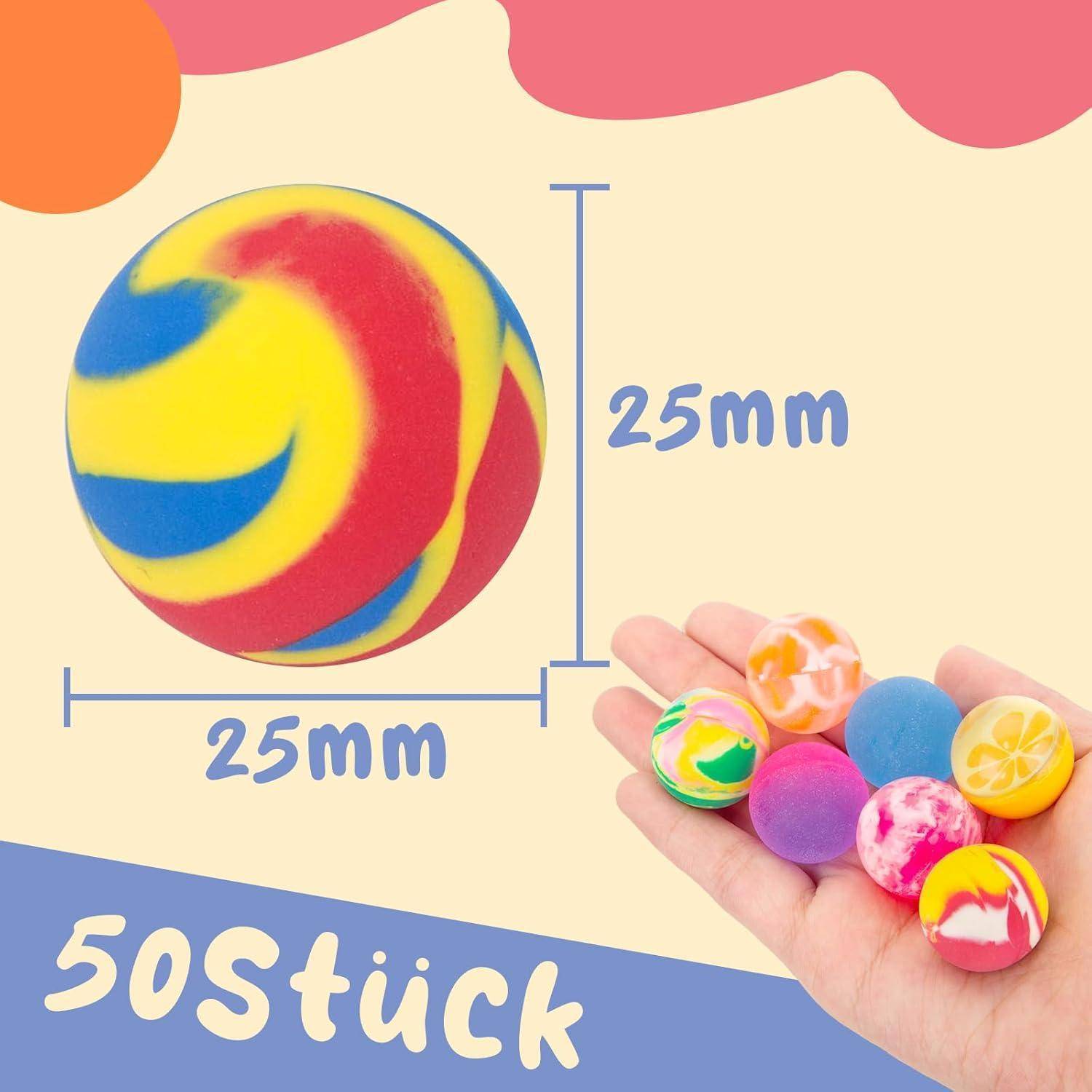 Bunte Flummis, jeweils 25 mm groß, werden neben einer Hand präsentiert, die sechs Bälle hält. Der Text lautet „50 Stück